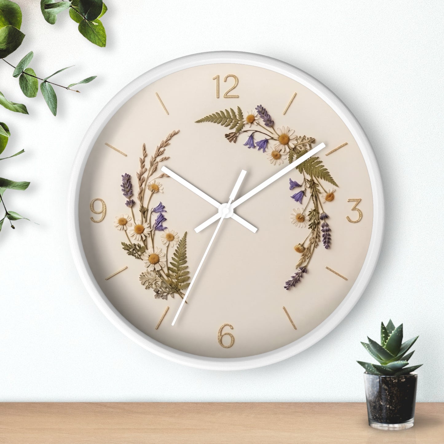 Wildflower Wreath Minimalist Wall Clock | Botanical Floral Timepiece