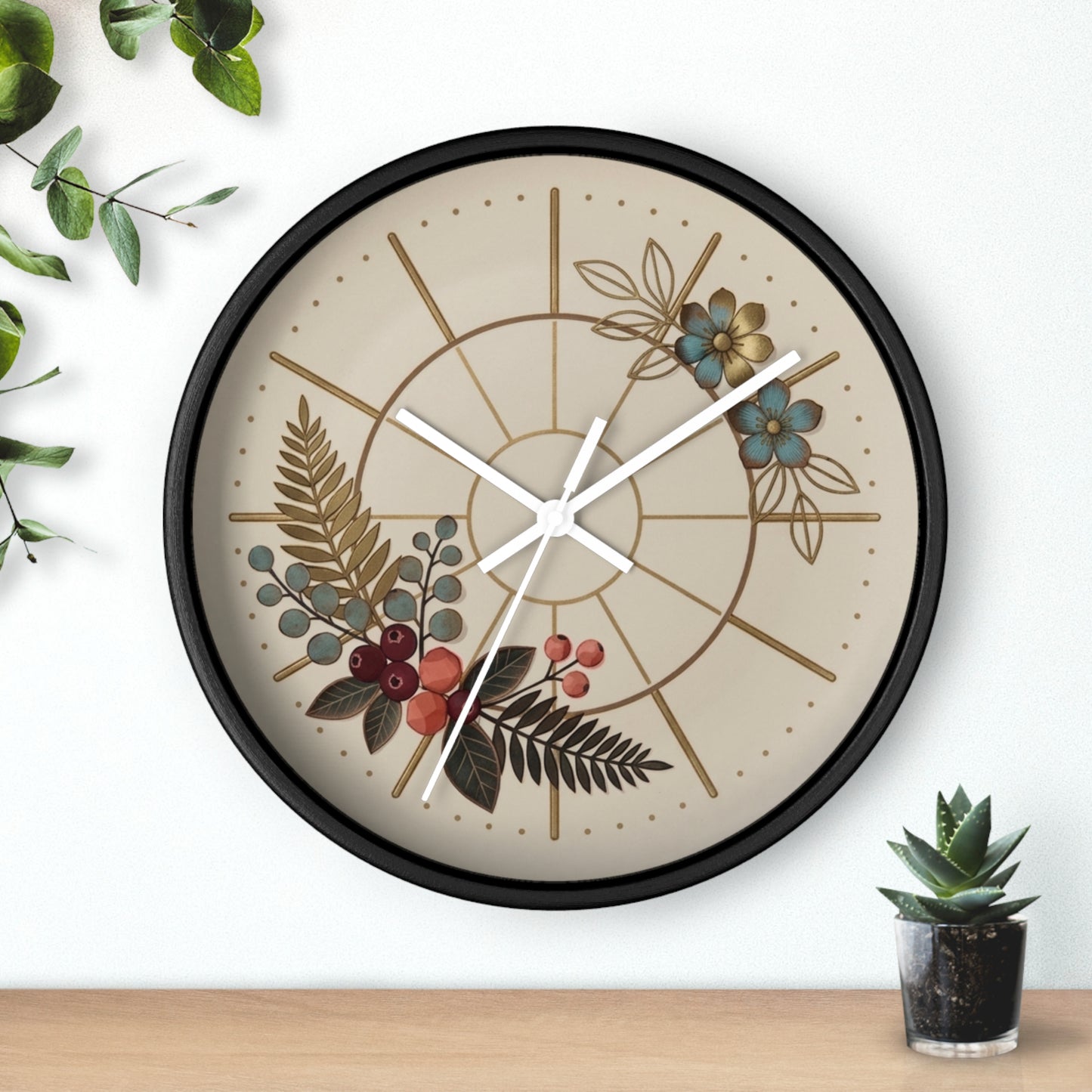 Botanical Floral Clock Wall Clock | Neutral Beige Flower Fern Design