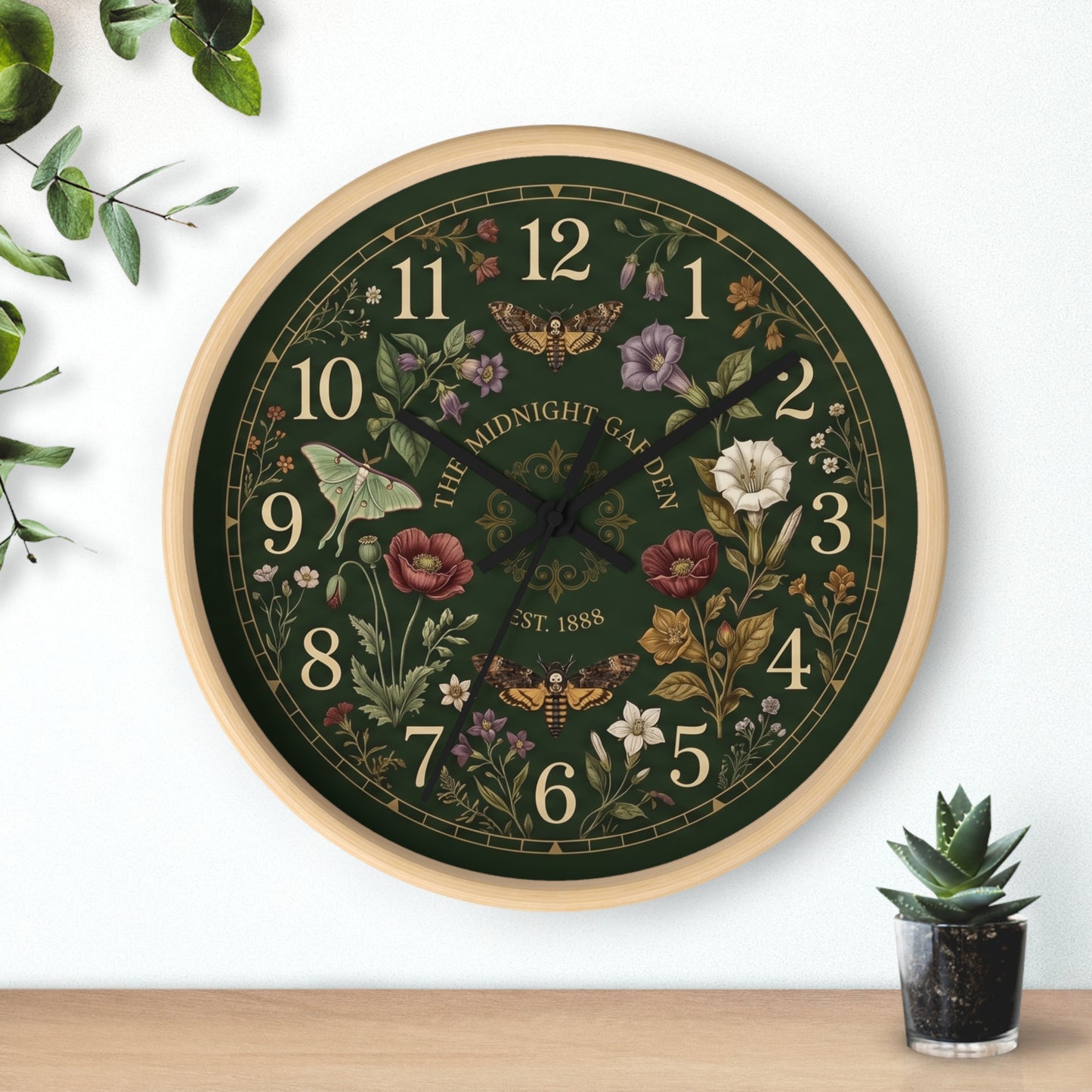 Vintage Floral Garden Clock | Botanical Wall Clock, Dark Green Floral Design