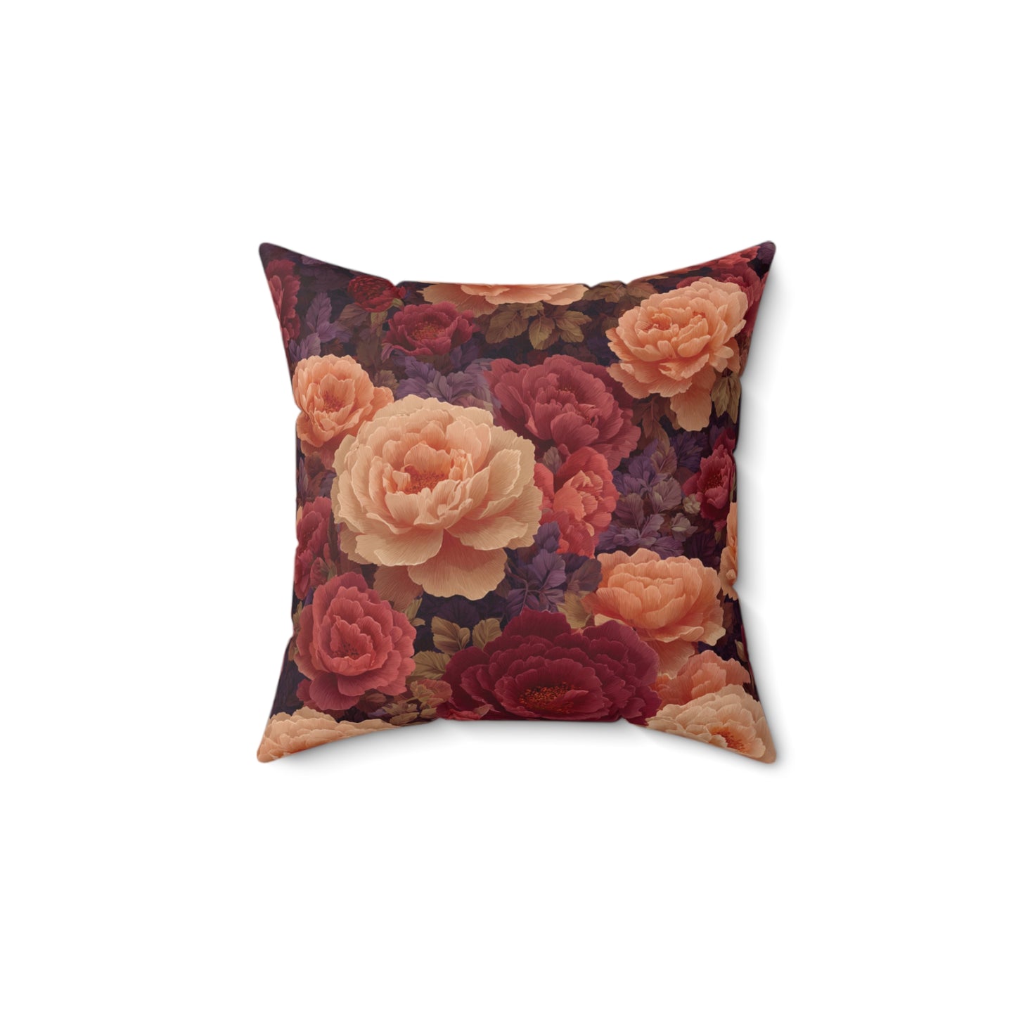Vintage Rose Floral Pillow | Dark Burgundy Peach Garden Cushion
