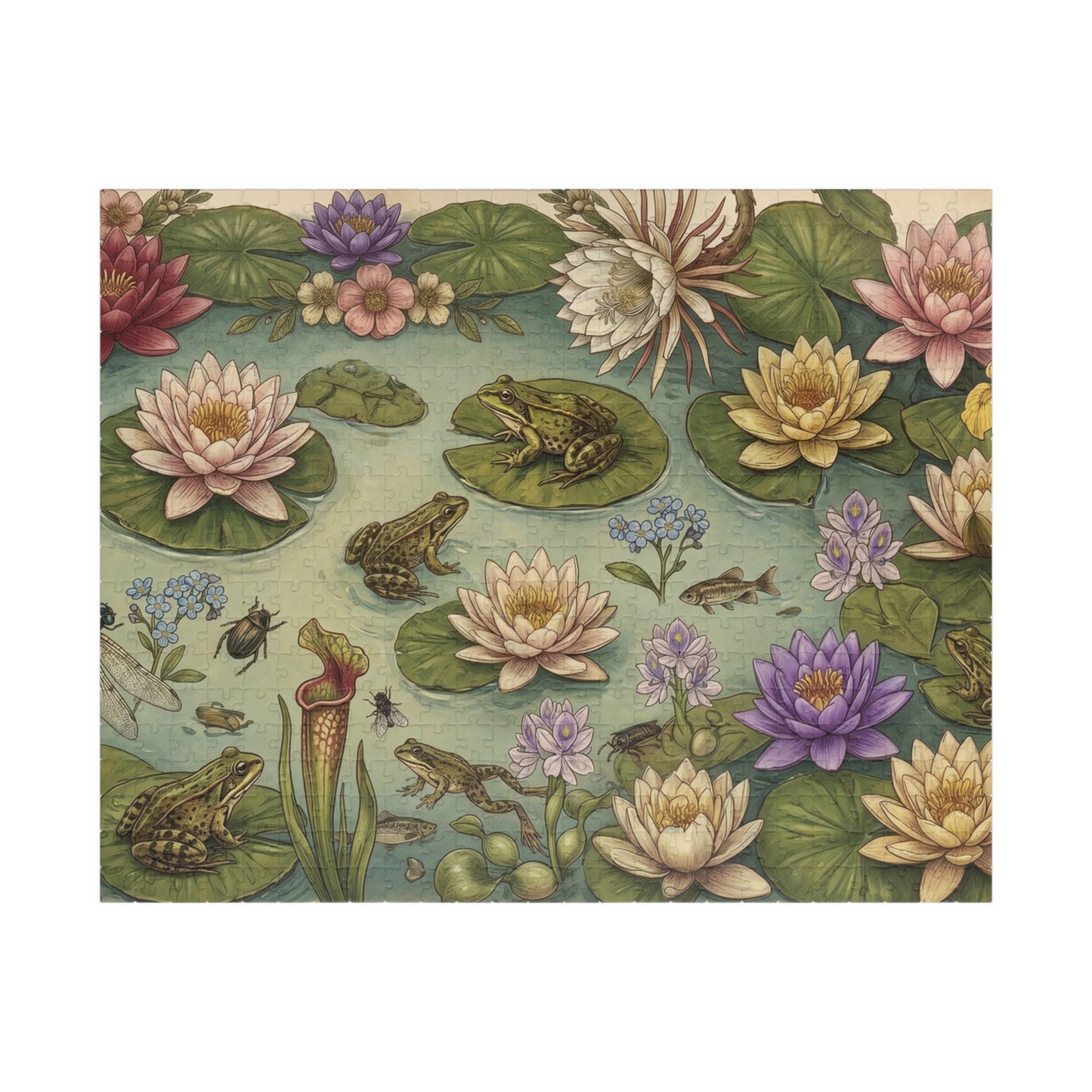 Frogs and Waterlilies Puzzle 110, 252, 520, 1014-piece | Botanical Pond Jigsaw