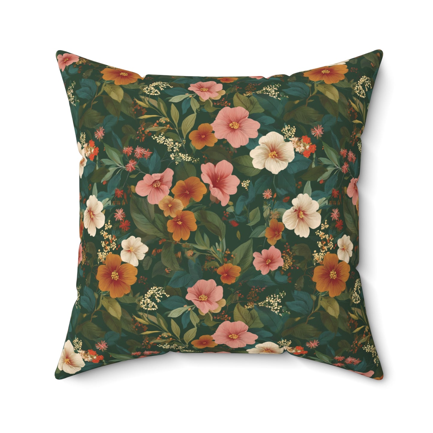 Vintage Floral Pattern Square Pillow | Dark Green Pink Orange Blossoms