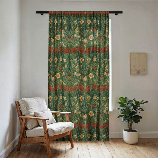 Vintage William Morris Style Floral Pattern Sheer Window Curtain | Green Red Botanical Drapery
