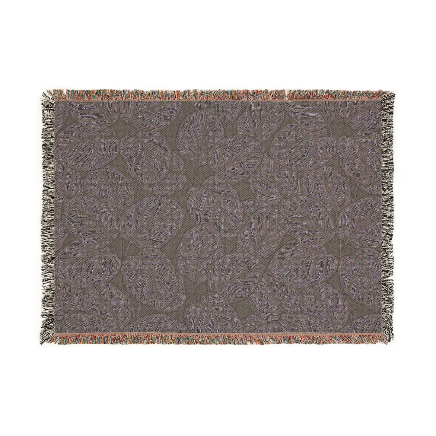 Green Leaf Calathea Orbifolia Pattern Woven Blanket | Botanical Throw, Fringe Edge