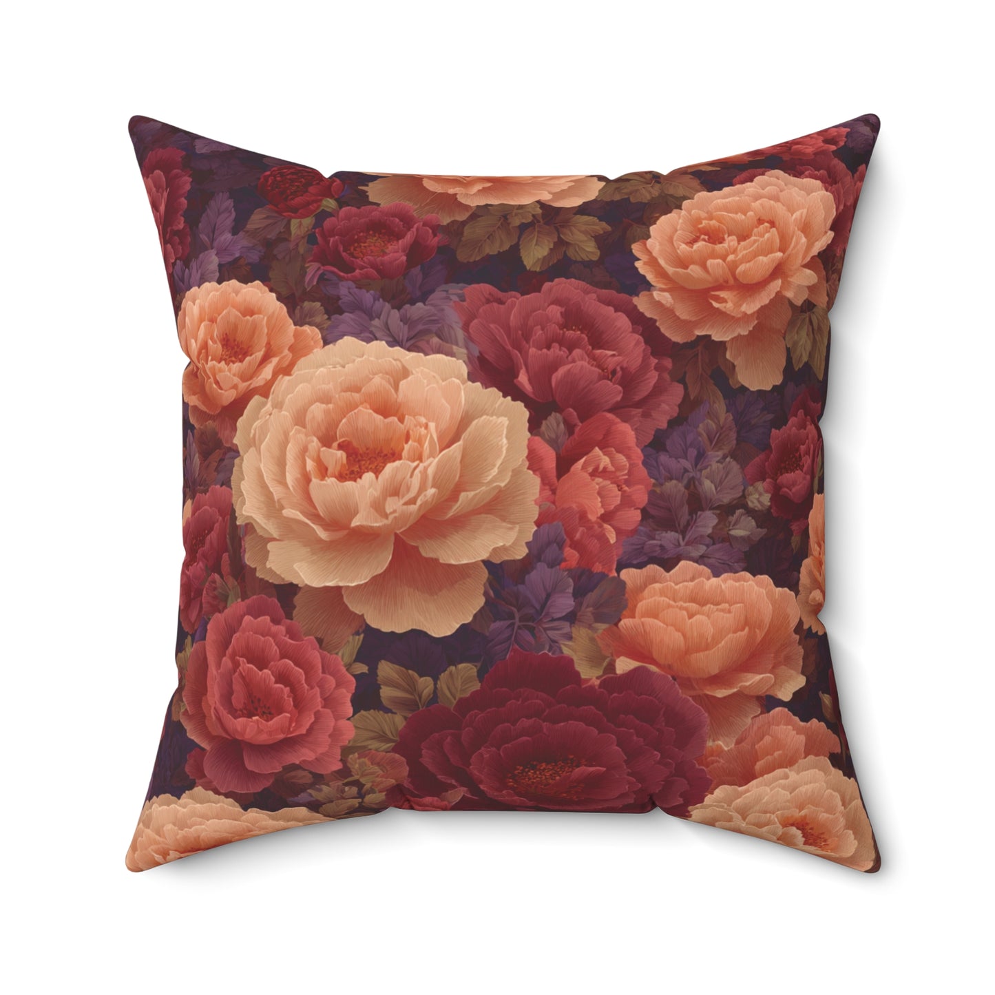 Vintage Rose Floral Pillow | Dark Burgundy Peach Garden Cushion