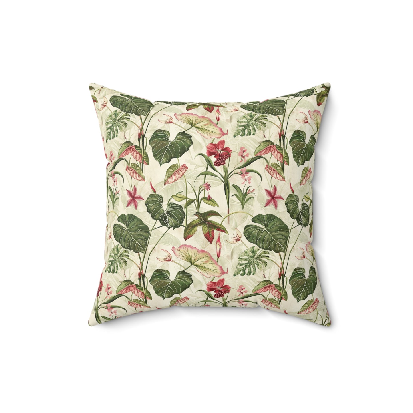 Vintage Botanical Floral Pattern Pillow | Tropical Leaves, Pink Flowers