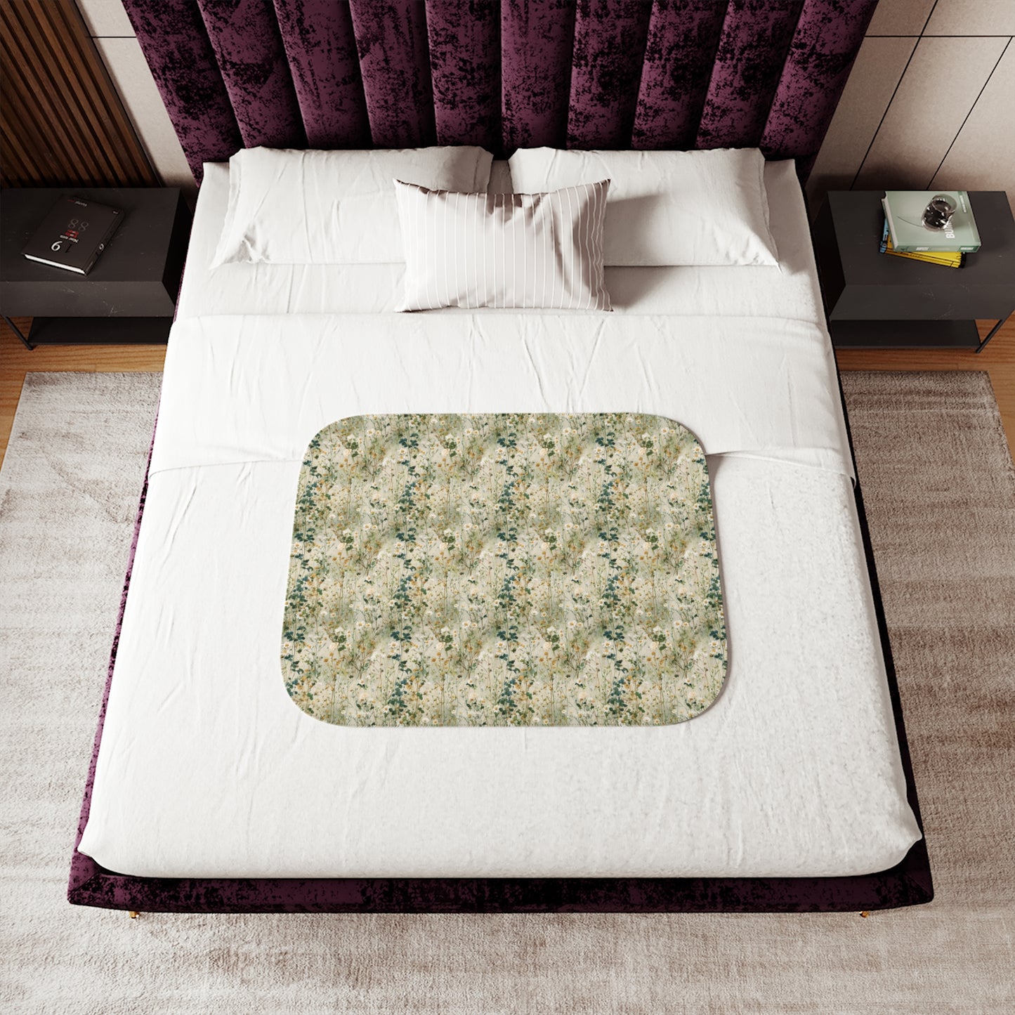 Vintage Wildflower Floral Pattern Sherpa Blanket | Neutral Botanical Throw