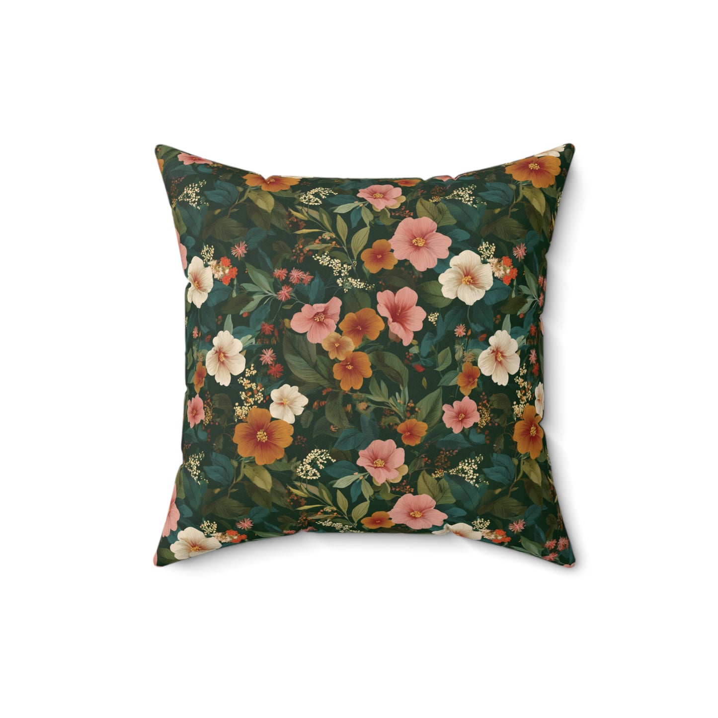 Vintage Floral Pattern Square Pillow | Dark Green Pink Orange Blossoms