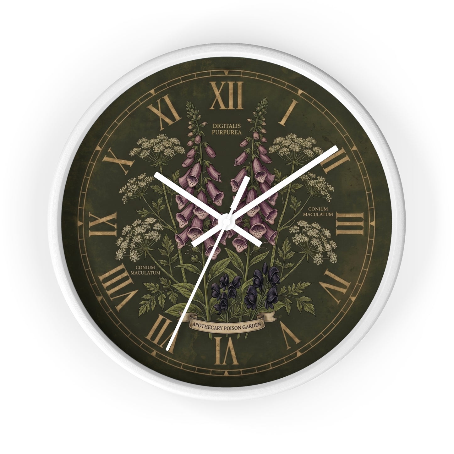 Vintage Botanical Foxglove Wall Clock | Apothecary Poison Garden, Roman Numerals, Dark Green Floral