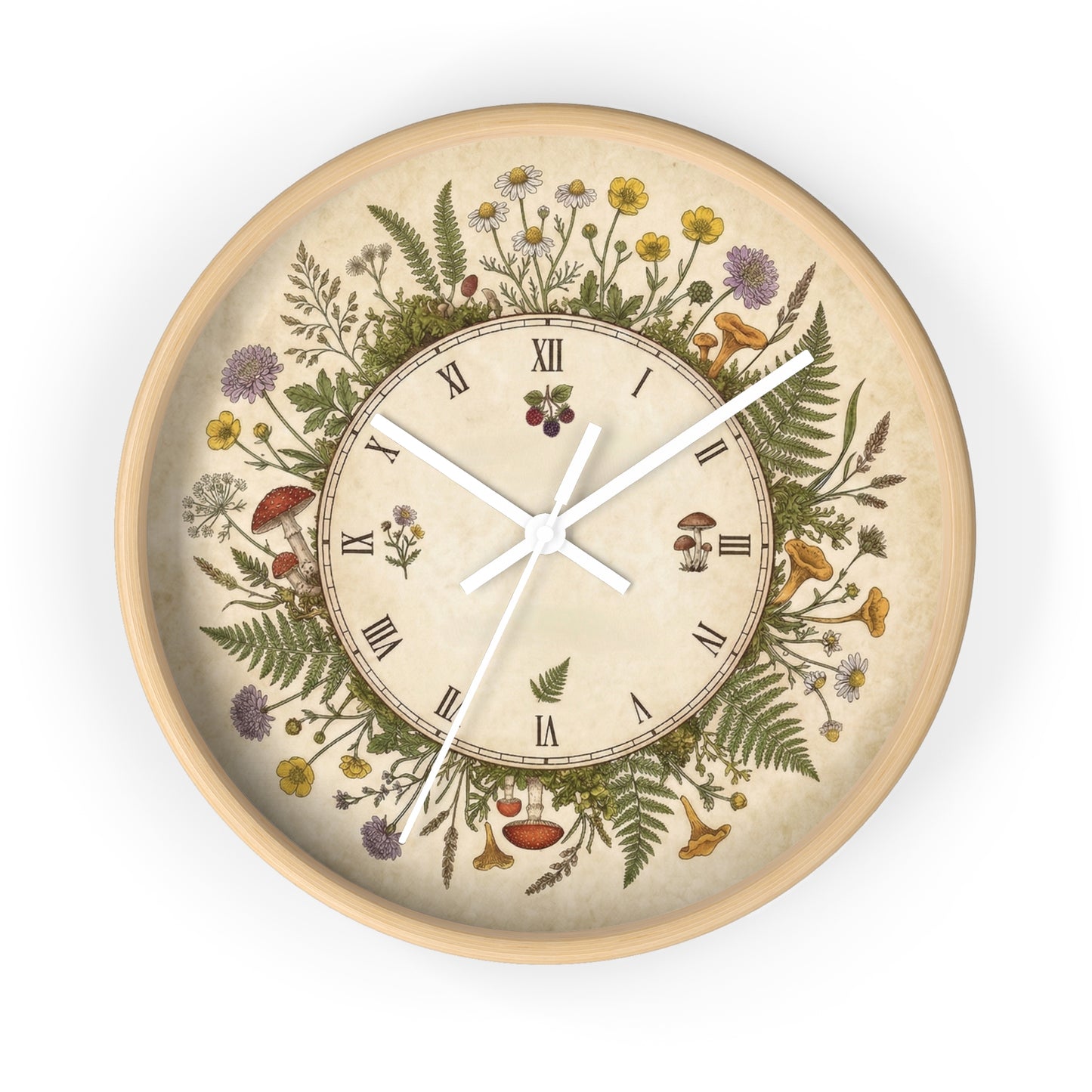 Vintage Botanical Wreath Wall Clock | Floral Ferns, Mushrooms, Roman Numerals