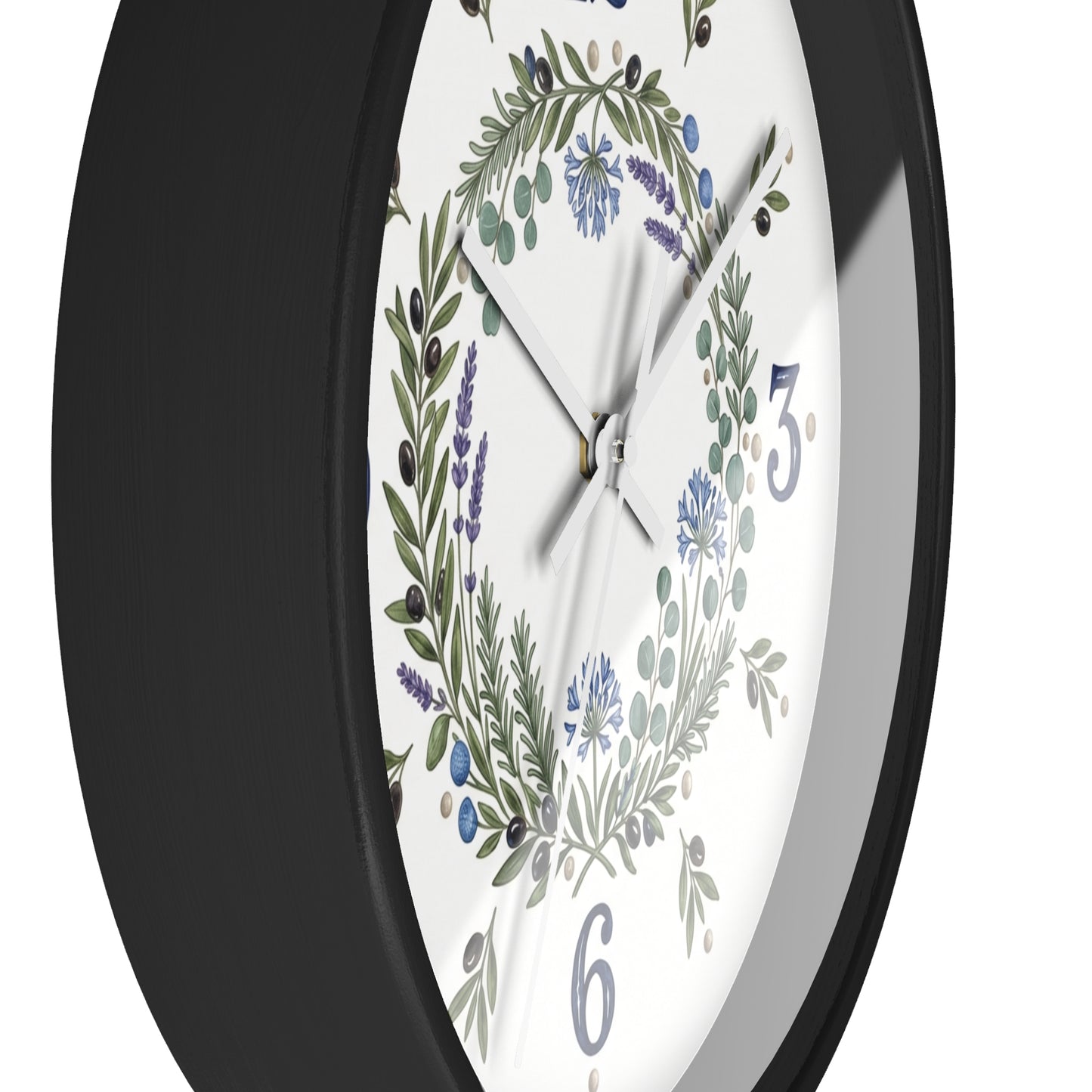 Botanical Wreath Wall Clock | Floral Laurel Timepiece, Blue Numbers