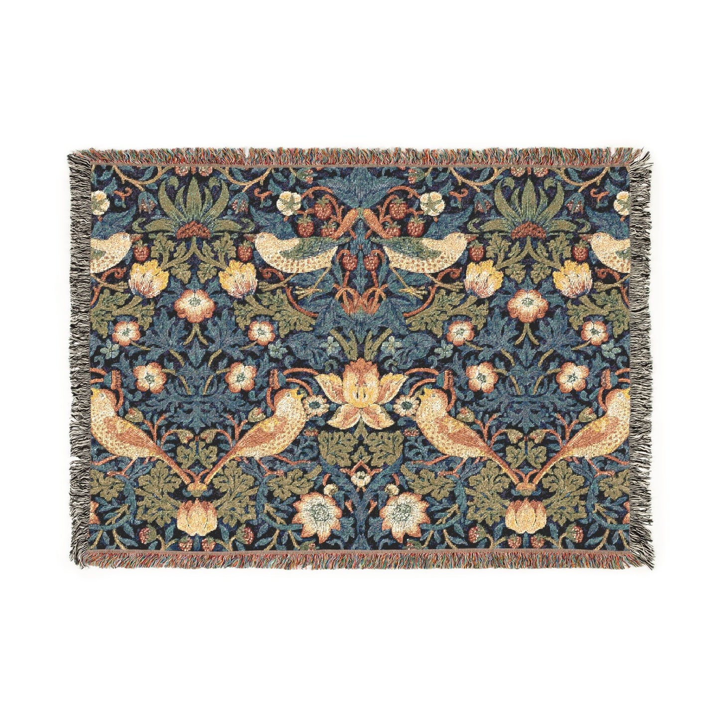 William Morris Style Bird and Floral Woven Blanket | Tapestry Throw
