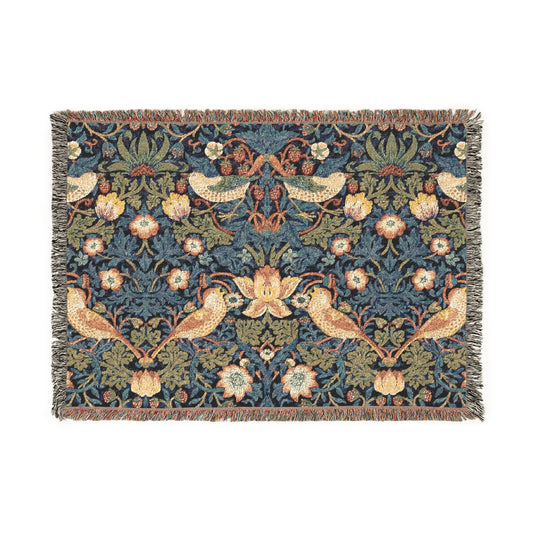 William Morris Style Bird and Floral Woven Blanket | Tapestry Throw