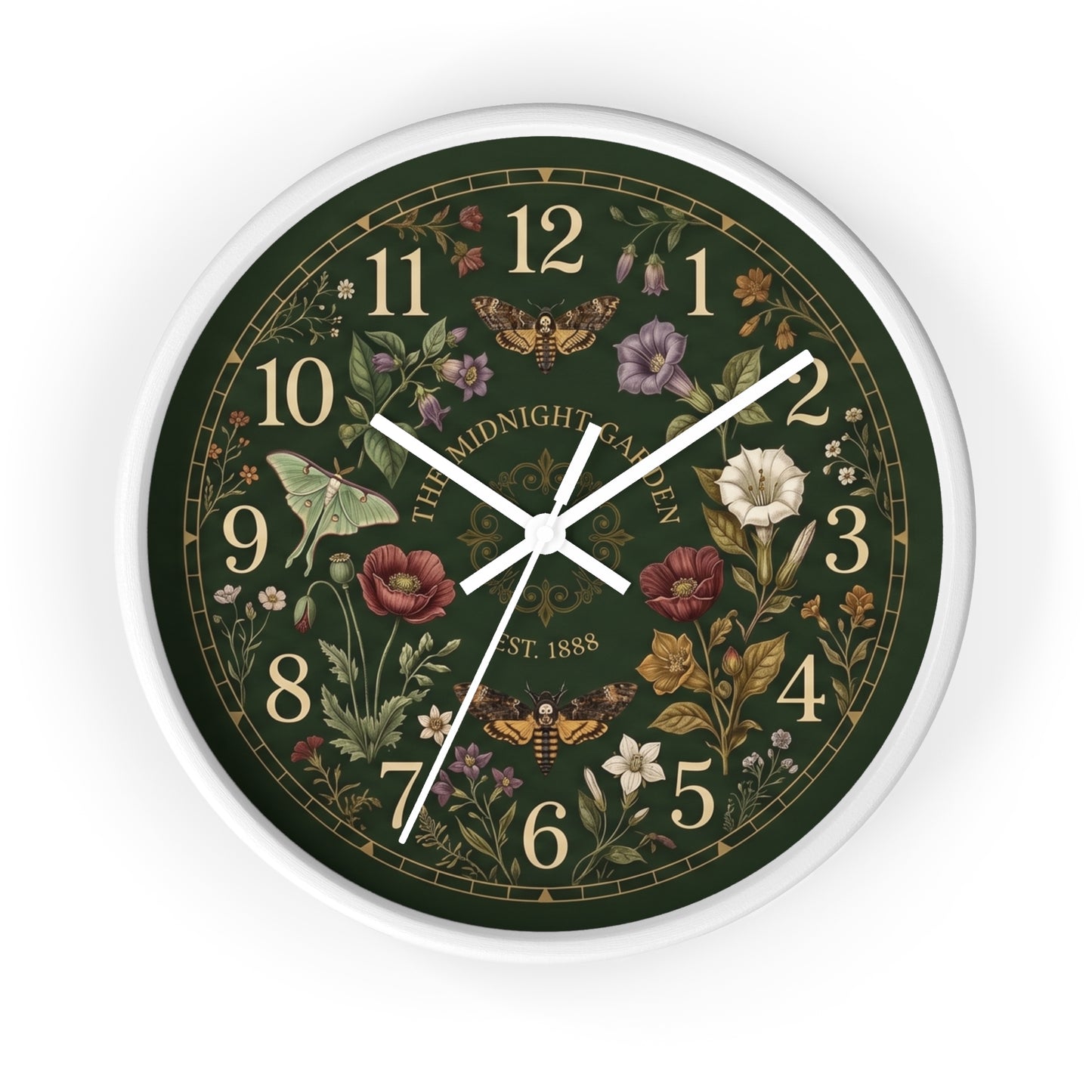 Vintage Floral Garden Clock | Botanical Wall Clock, Dark Green Floral Design