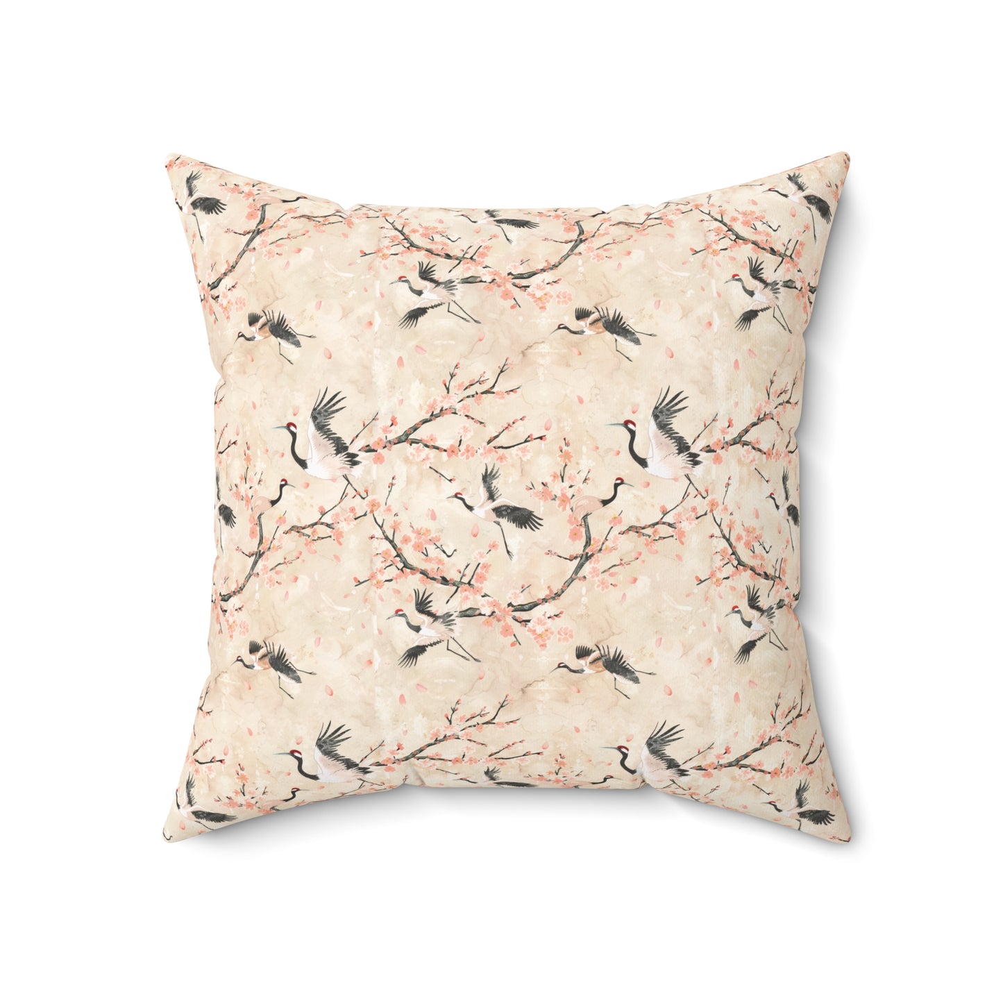 Cherry Blossom Crane Pillow | Floral Japanese Stork Pattern Square Pillow
