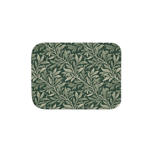 Green Botanical Olive Leaf Pattern Sherpa Blanket | Leaf Vine Throw