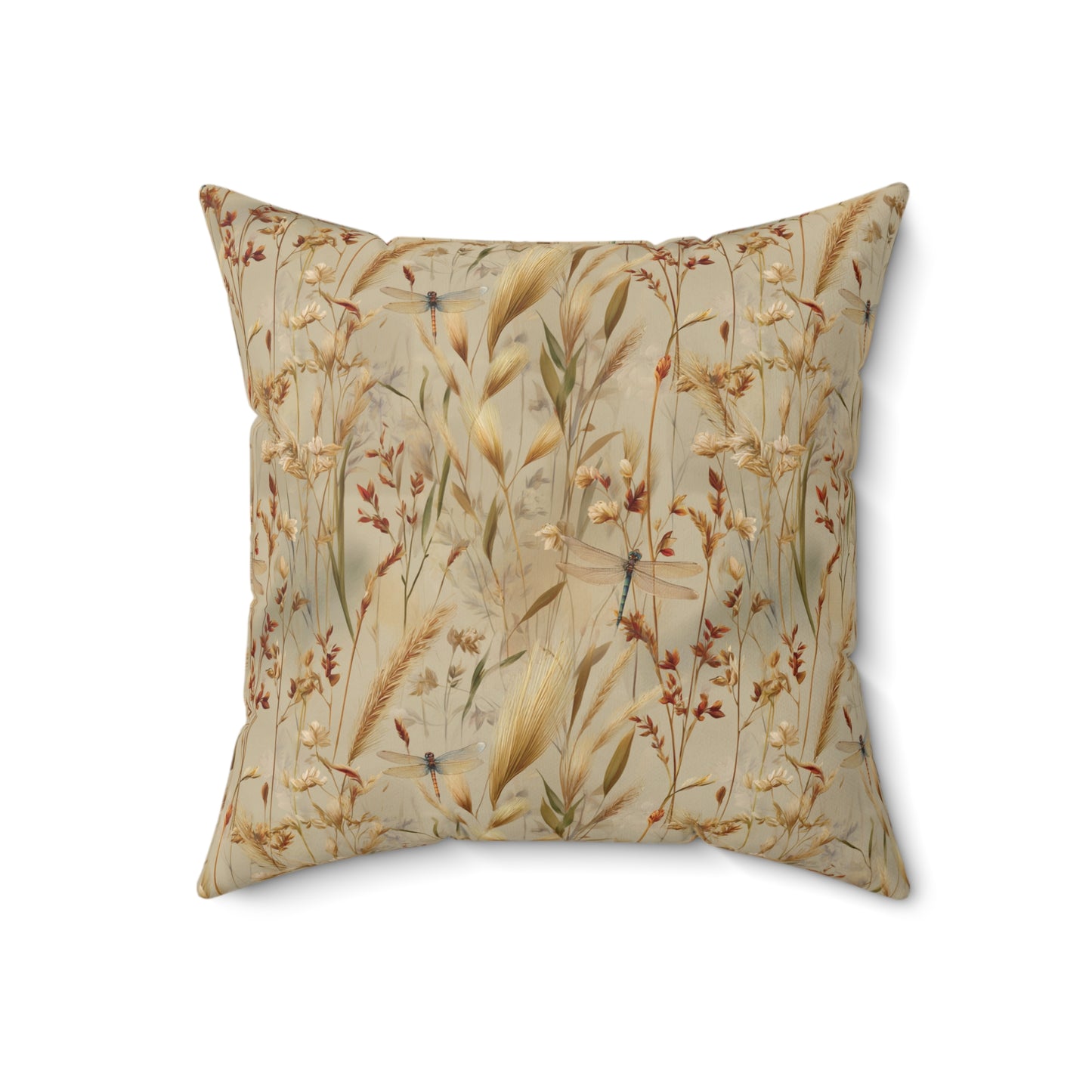 Neutral Botanical Print Pillow | Dried Wildflower Dragonfly Pattern, Square Throw Pillow