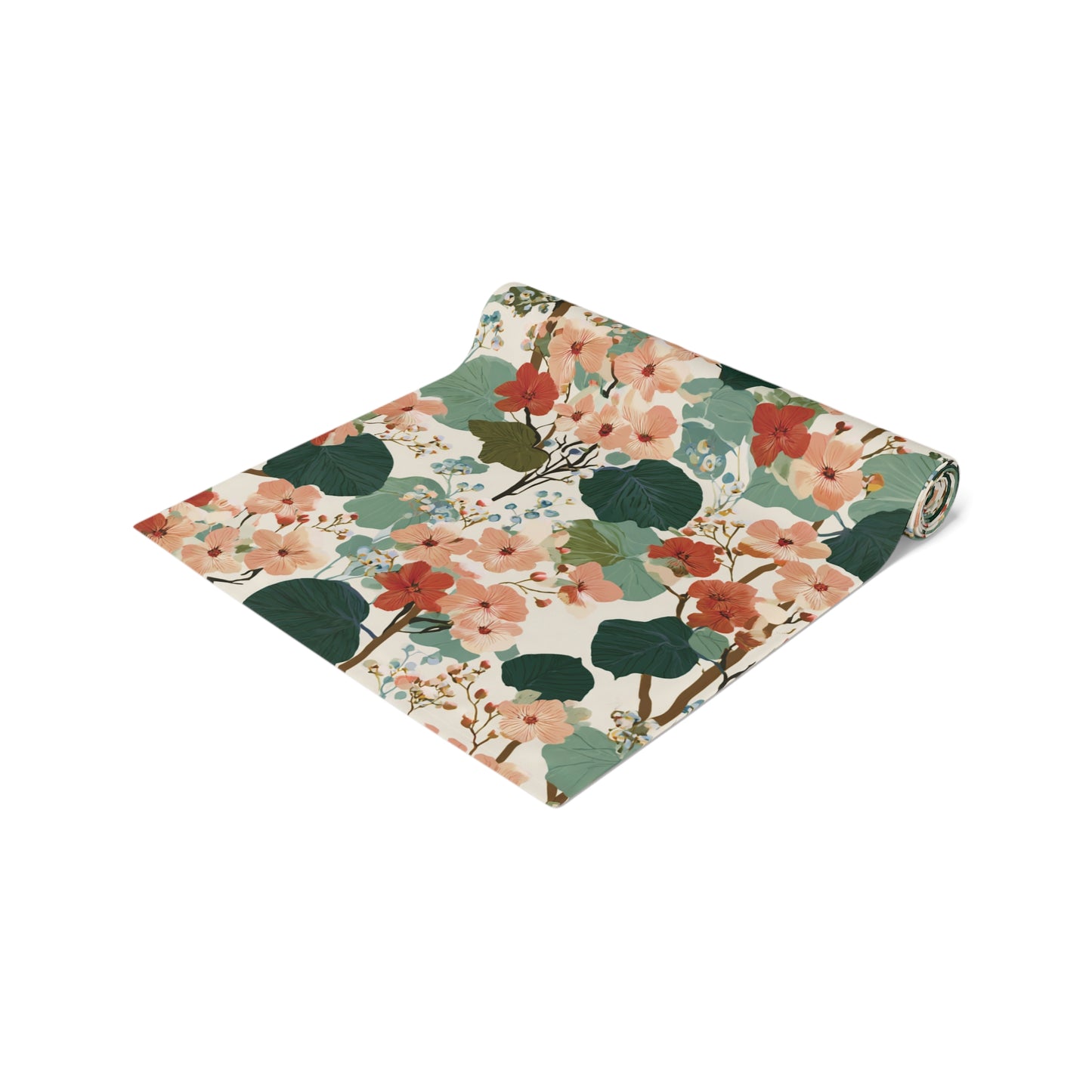 Vintage Floral Pattern Table Runner | Green Peach Cotton-Poly Blend