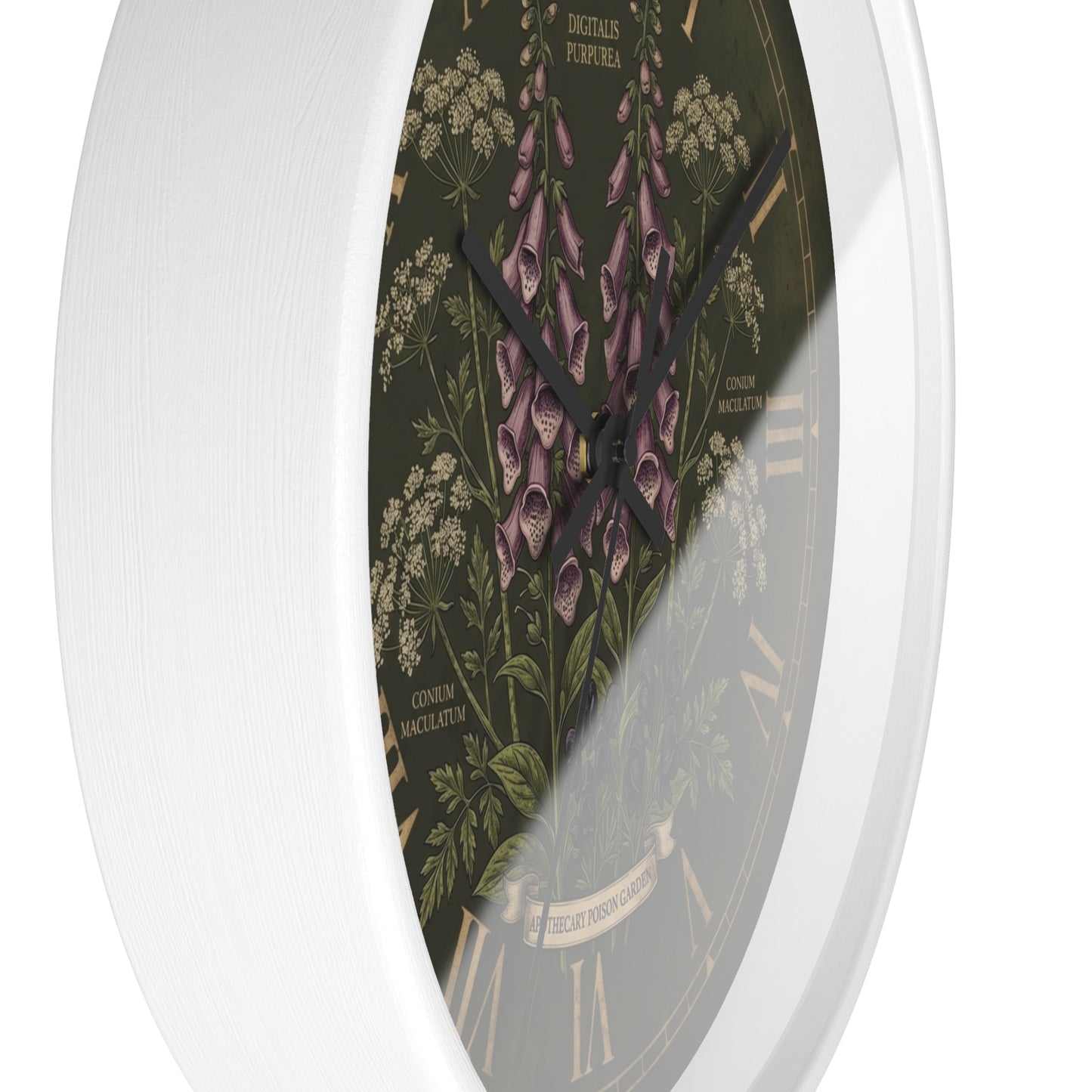 Vintage Botanical Foxglove Wall Clock | Apothecary Poison Garden, Roman Numerals, Dark Green Floral