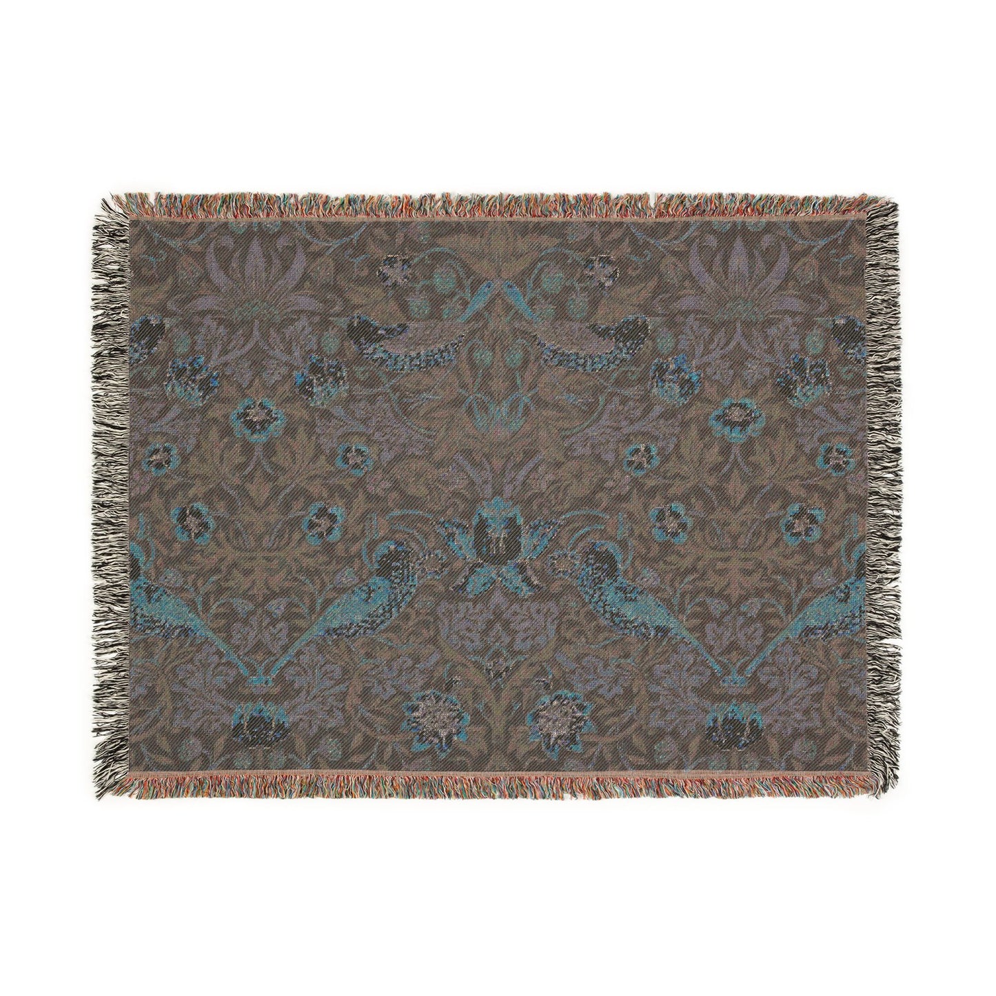 William Morris Style Bird and Floral Woven Blanket | Tapestry Throw