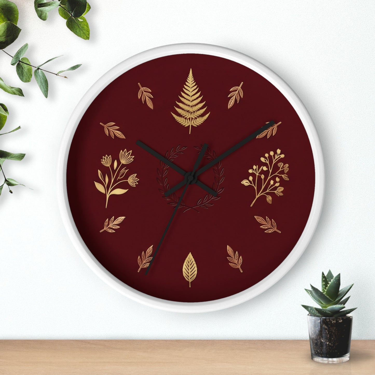 Gold Botanical Leaves Wall Clock | Maroon Floral Fern Home Decor