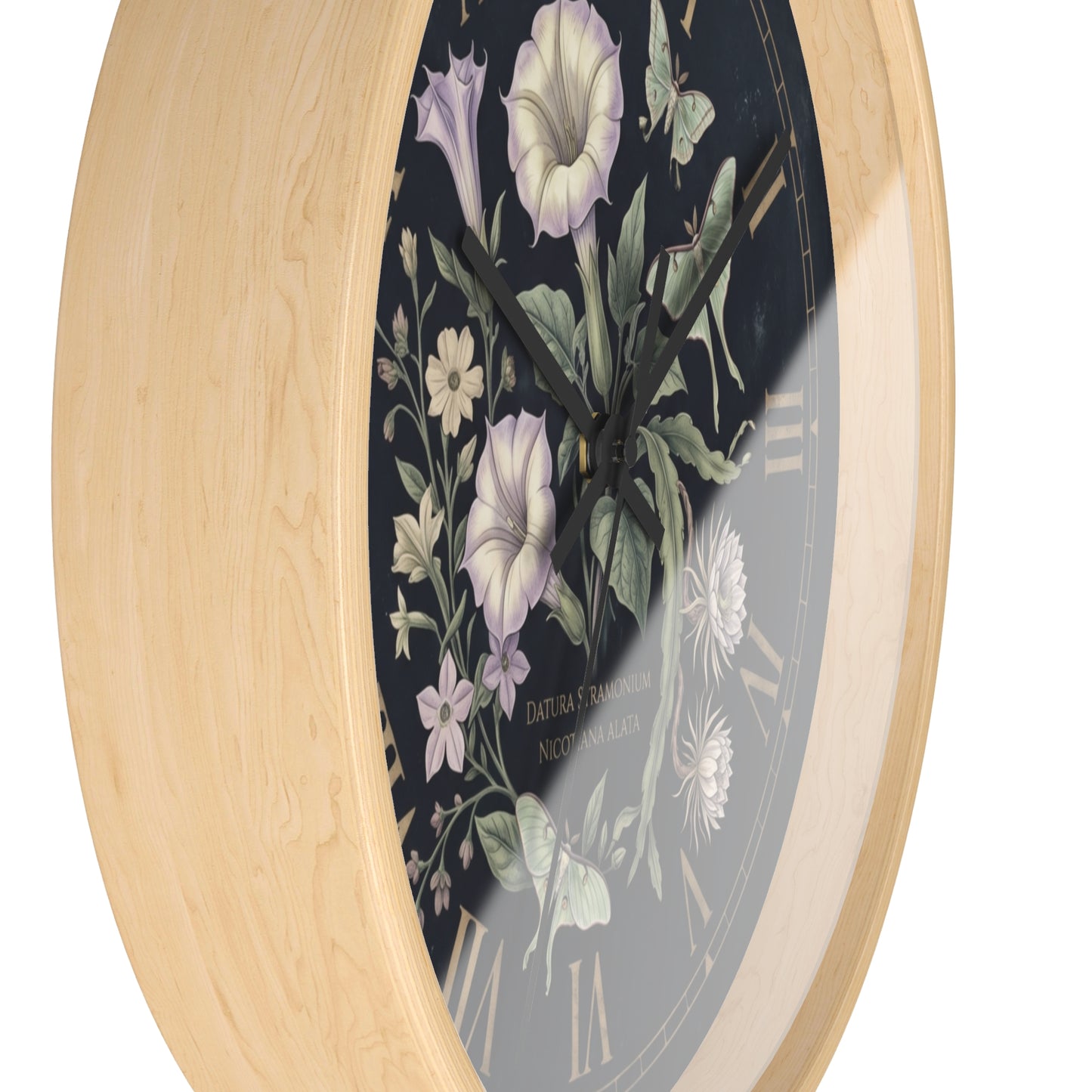 Datura Stramonium Illustration  Wall Clock | Vintage Botanical Floral, Roman Numerals, Dark Background