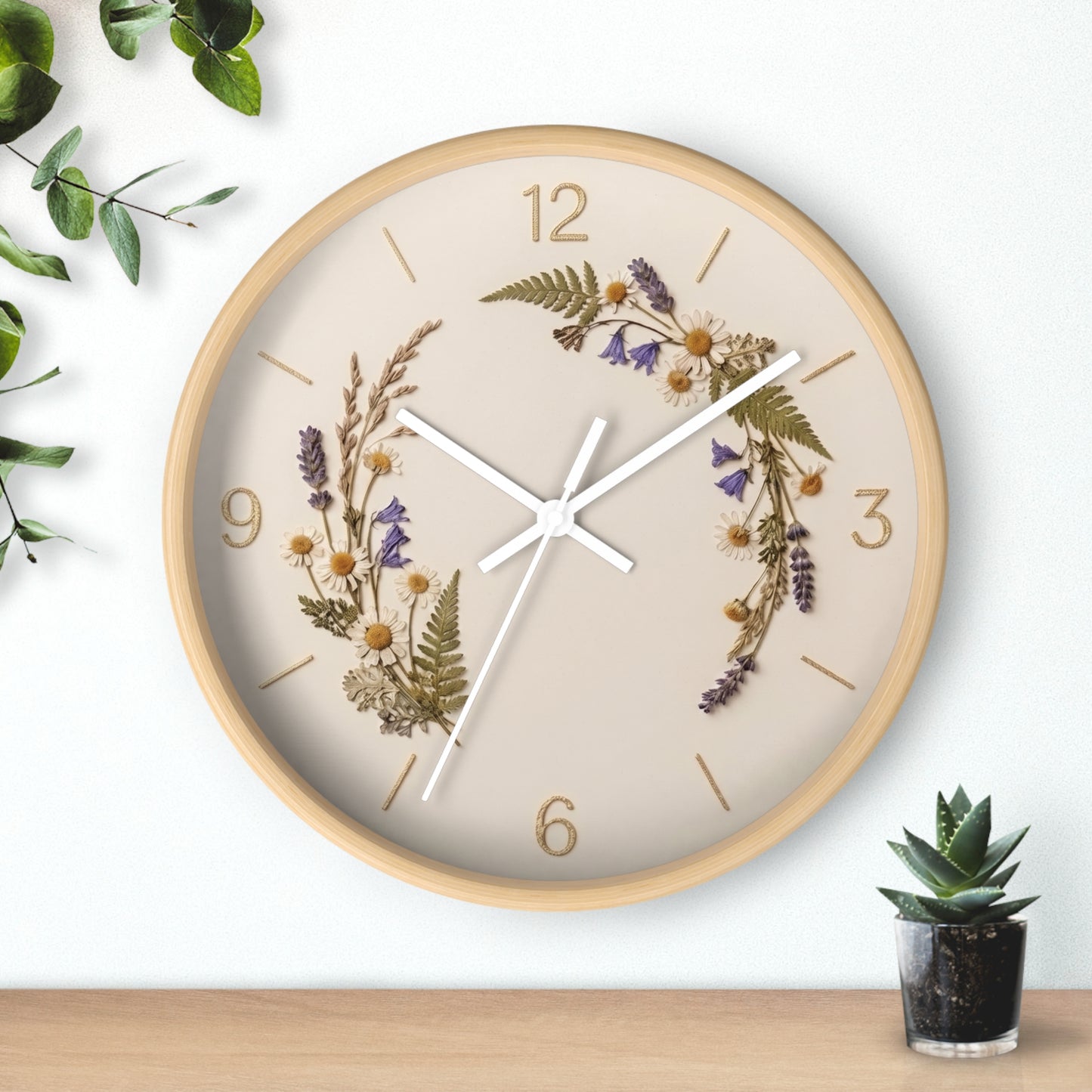 Wildflower Wreath Minimalist Wall Clock | Botanical Floral Timepiece
