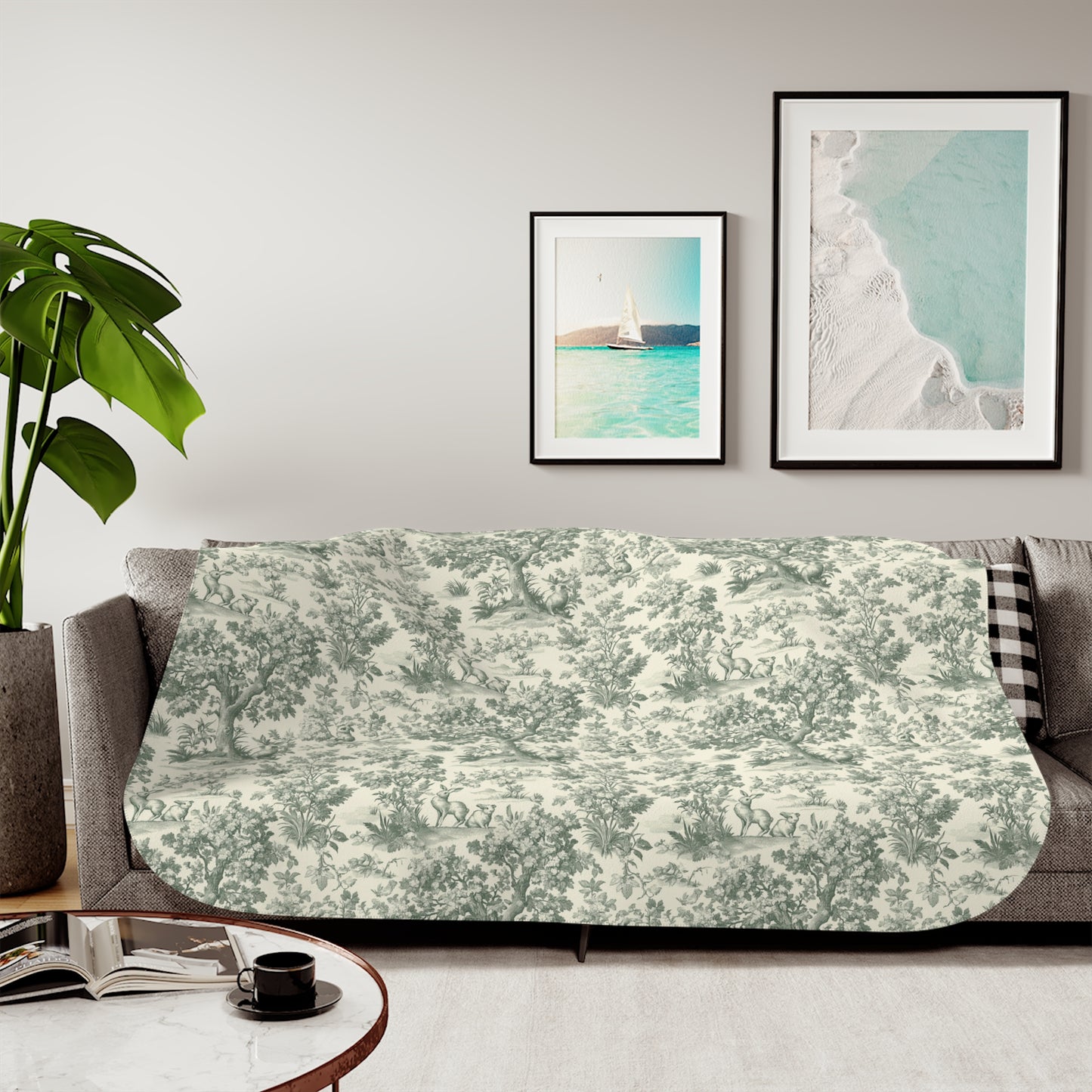 Toile de Jouy Cottage Pattern Sherpa Blanket | Vintage Scenic Toile, Cozy Throw
