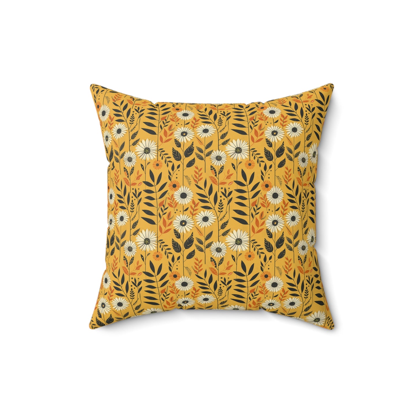 Yellow Floral Pattern Pillow | Daisies and Leaves Square Pillow