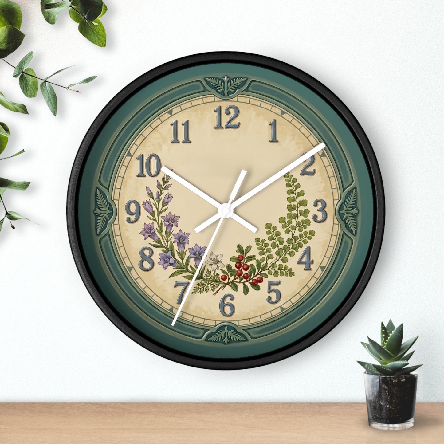 Coastal Turquoise Botanical Wall Clock | Lavender, Fern & Berries Clock
