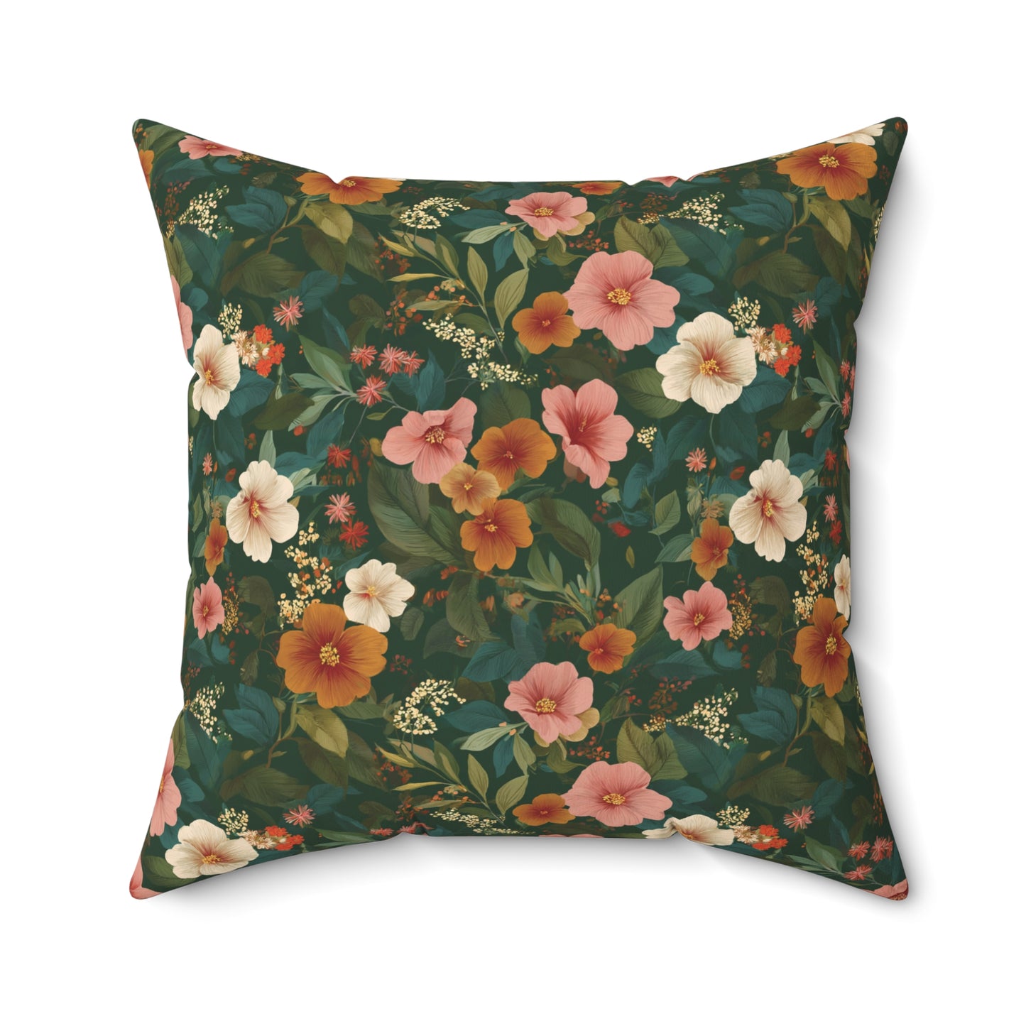 Vintage Floral Pattern Square Pillow | Dark Green Pink Orange Blossoms