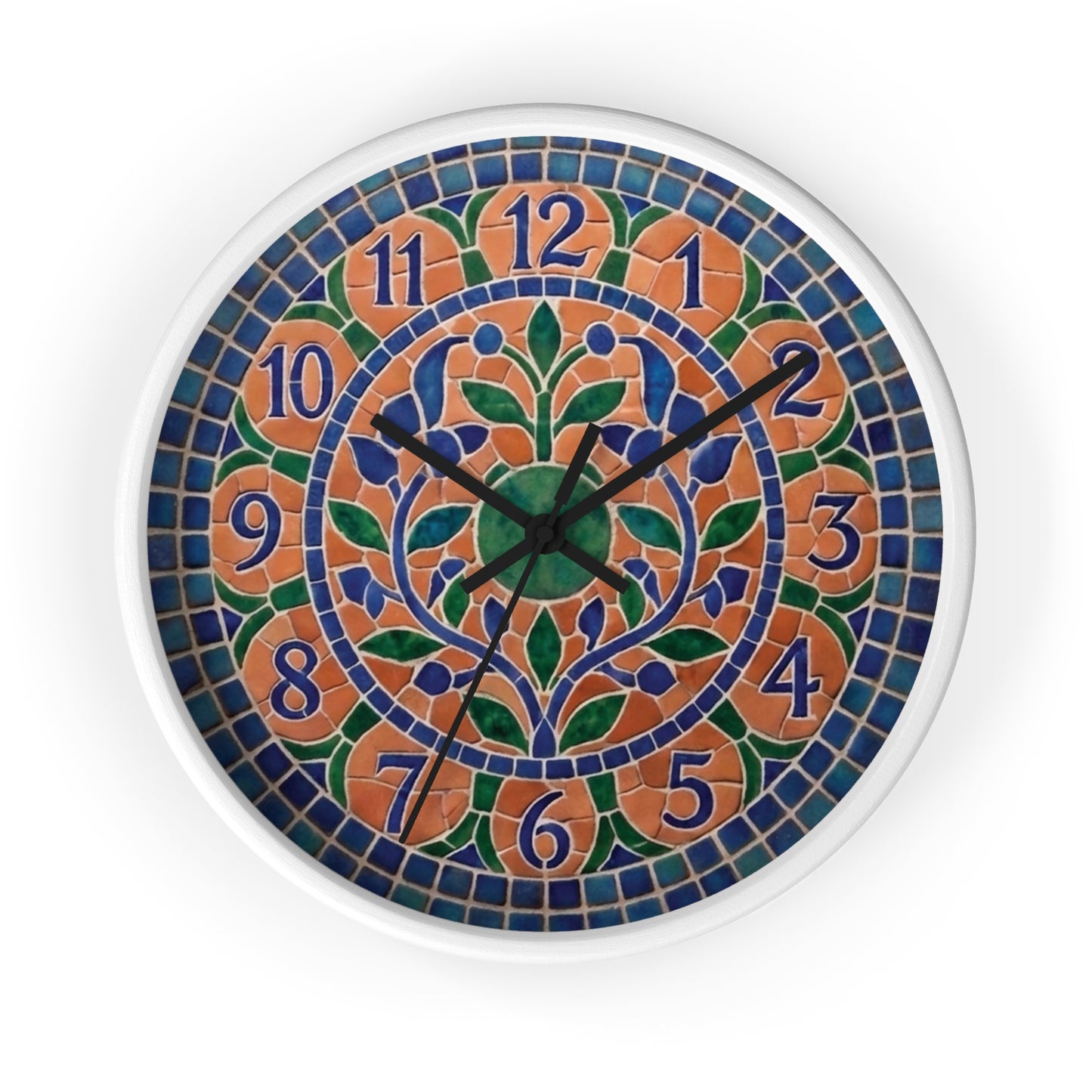 Mosaic Style Wall Clock - Terracotta Azure Blue Floral Print, Mediterranean Botany Decor