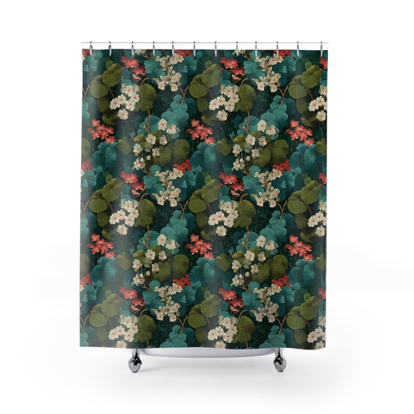 Vintage Botanical Floral Shower Curtain | Green Teal Foliage Pattern