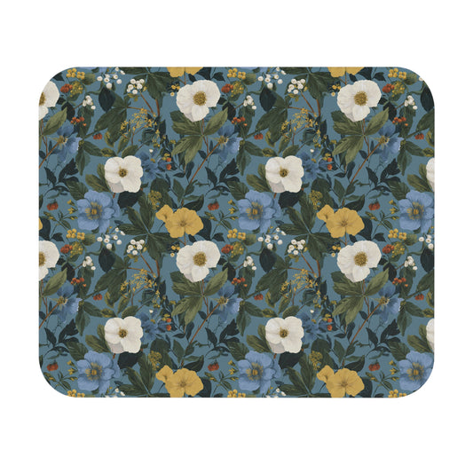 Vintage Blue Floral Mouse Pad | Botanical Pattern, Rectangle