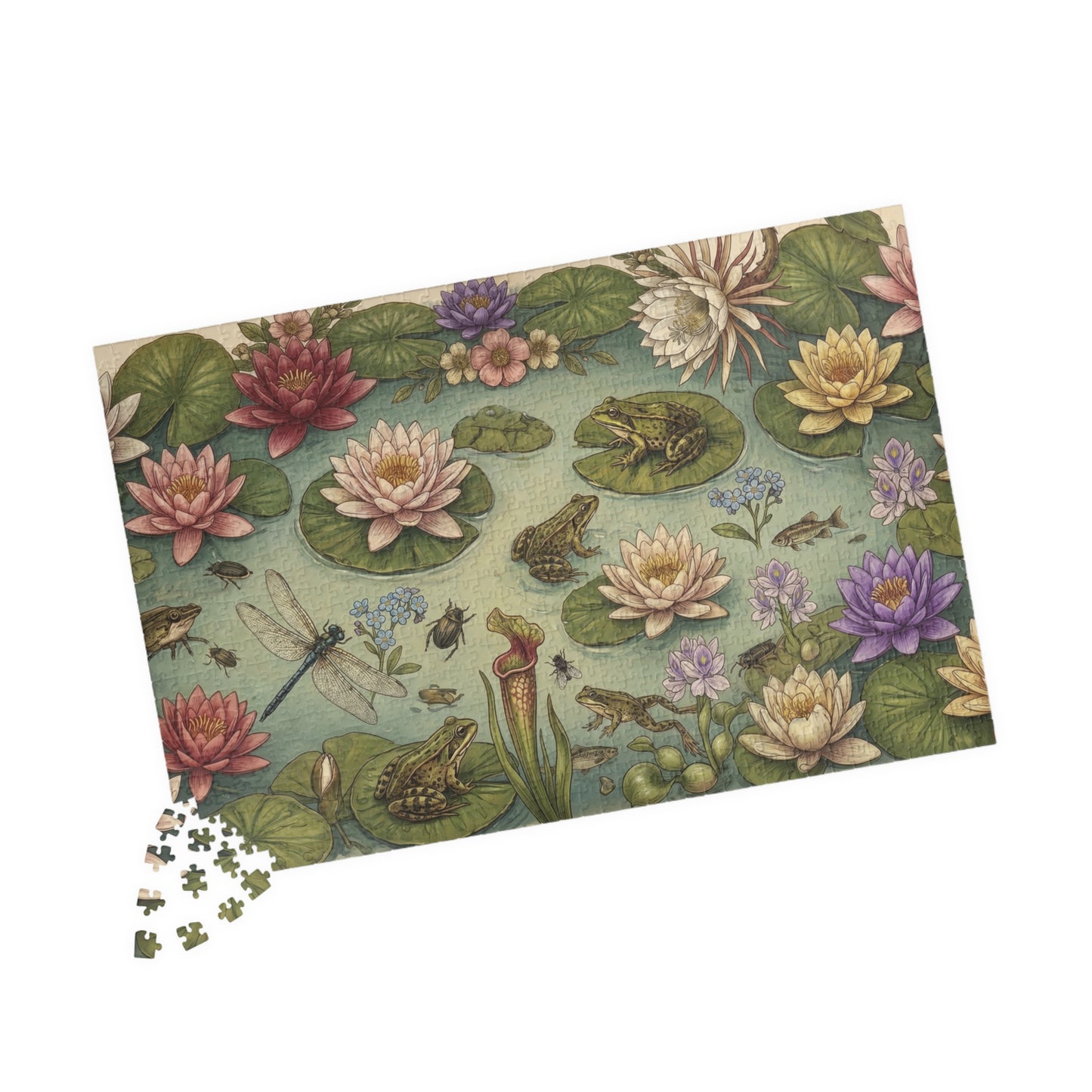 Frogs and Waterlilies Puzzle 110, 252, 520, 1014-piece | Botanical Pond Jigsaw