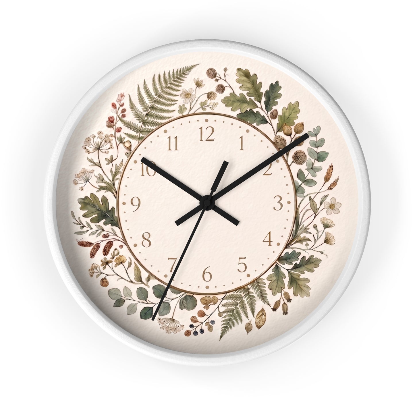 Botanical Wreath Wall Clock | Floral Foliage Illustration Clock, Neutral Nature Home Decor