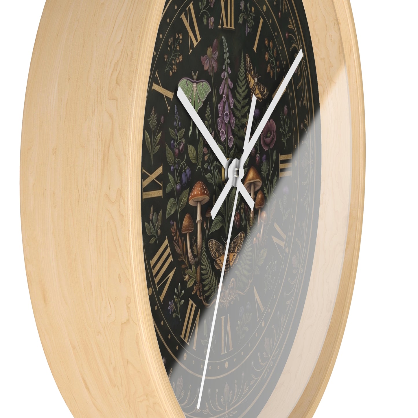 Moth & Mushroom Floral Wall Clock | Botanical Roman Numeral Timepiece