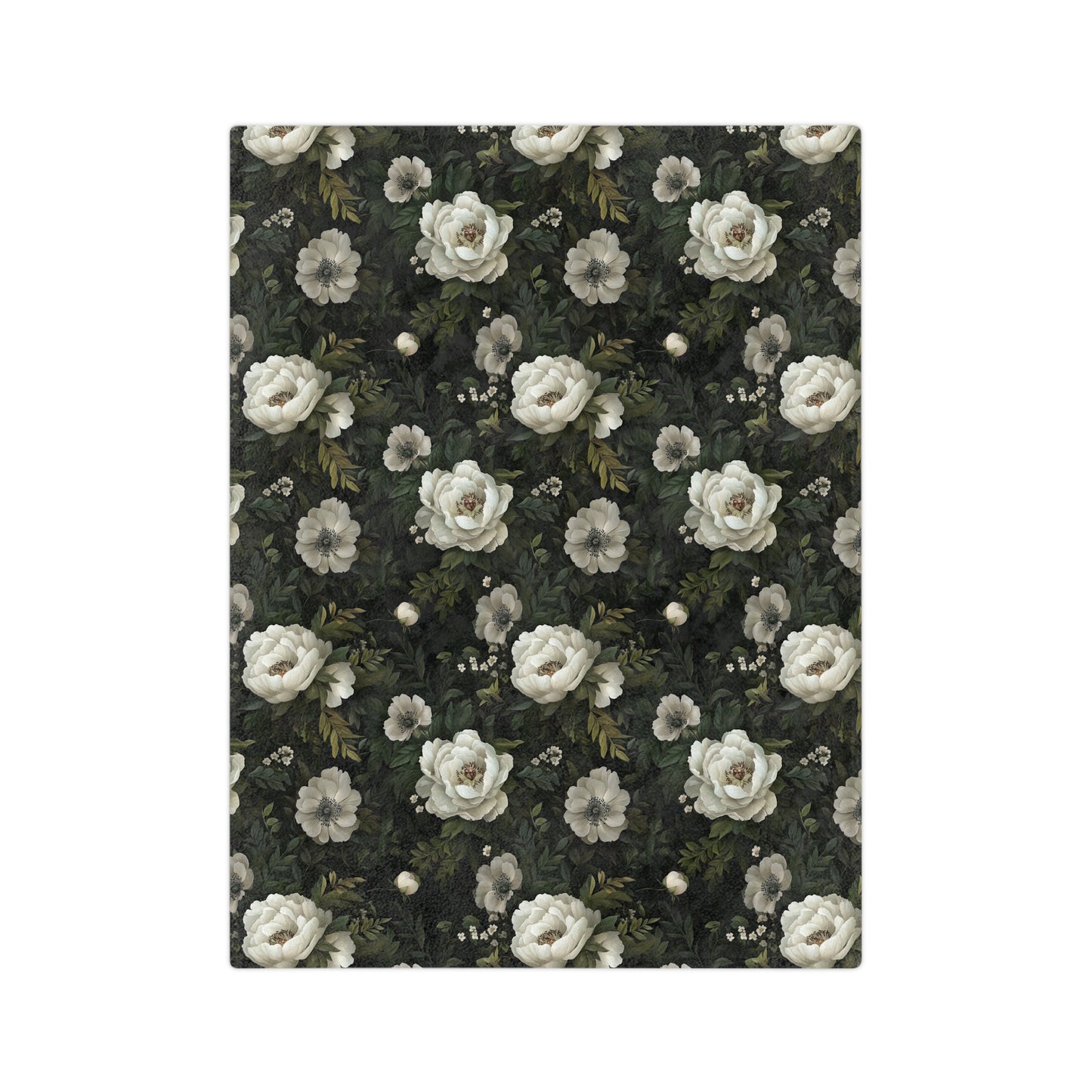 Vintage White Rose Floral Velveteen Microfiber Blanket | Dark Botanical Pattern