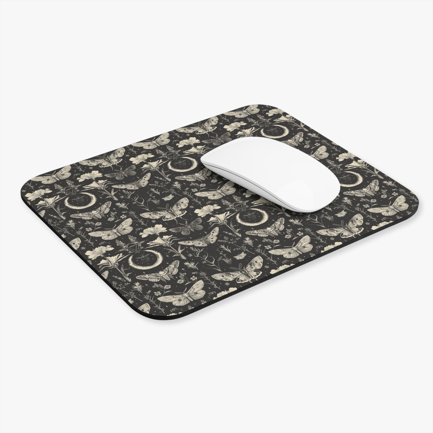 Celestial Moths Moon Pattern Mouse Pad | Gothic Botanical Desk Mat