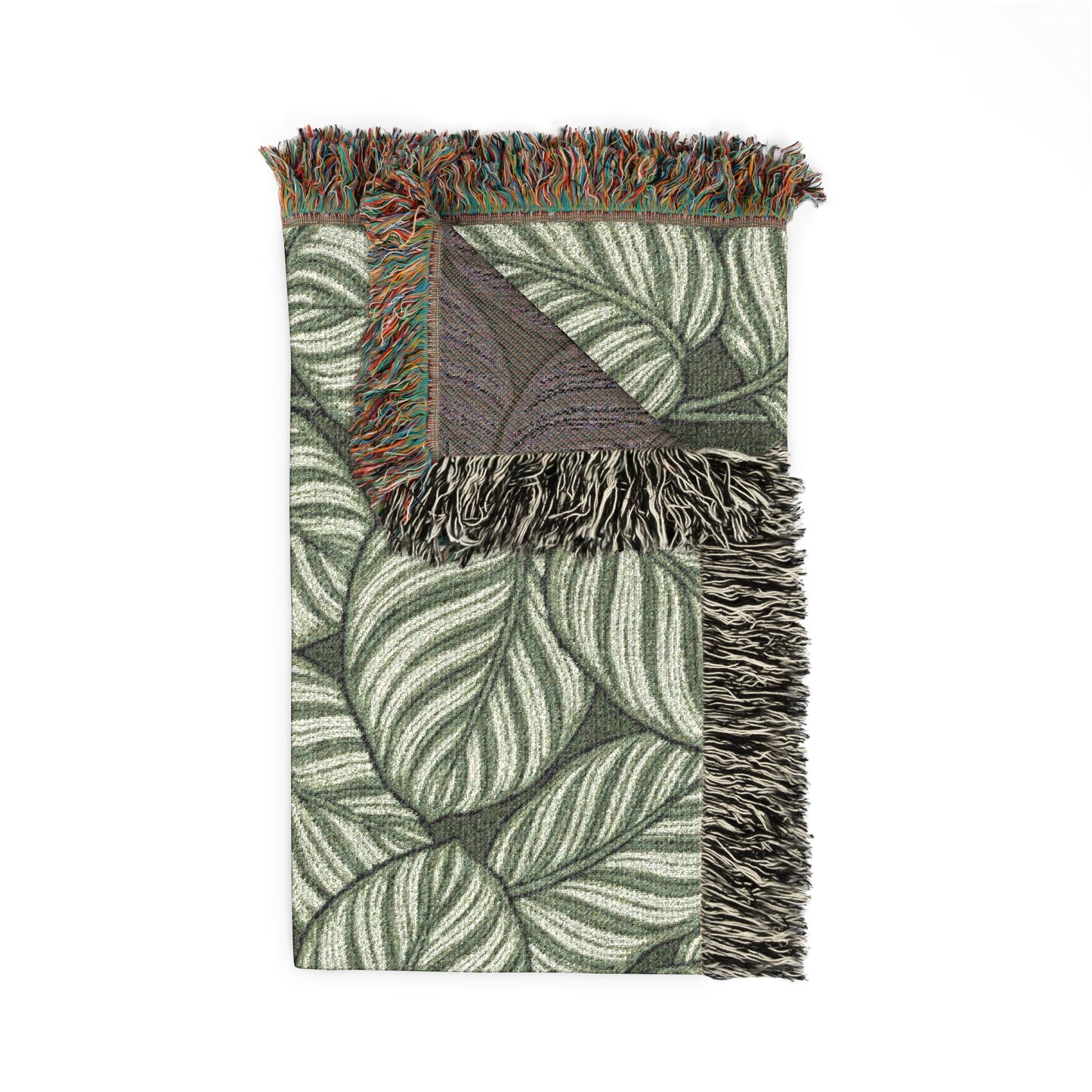 Green Leaf Calathea Orbifolia Pattern Woven Blanket | Botanical Throw, Fringe Edge