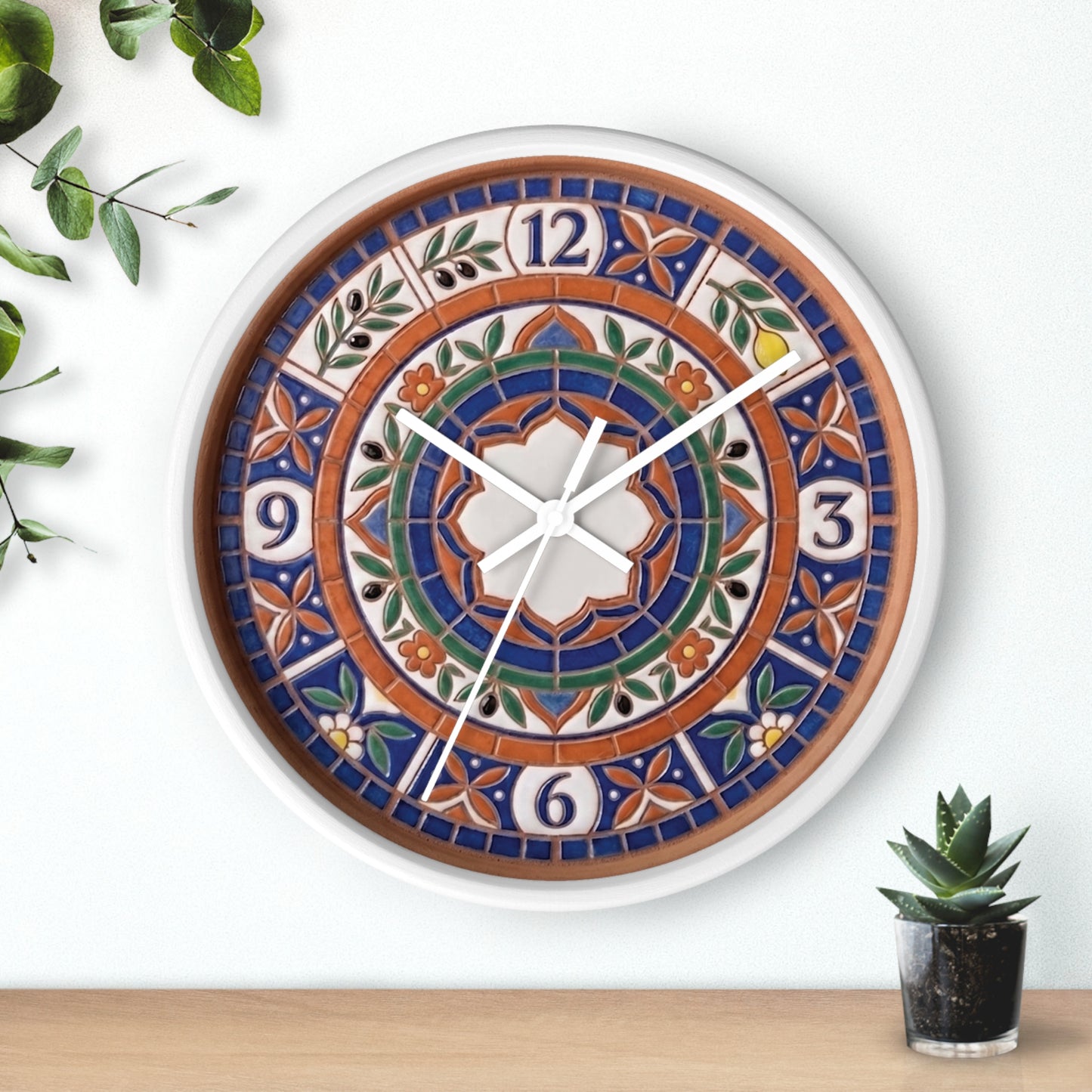 Mediterranean Mosaic Style Wall Clock - Terracotta Azure Blue Floral Faux Tile Botanical Decor