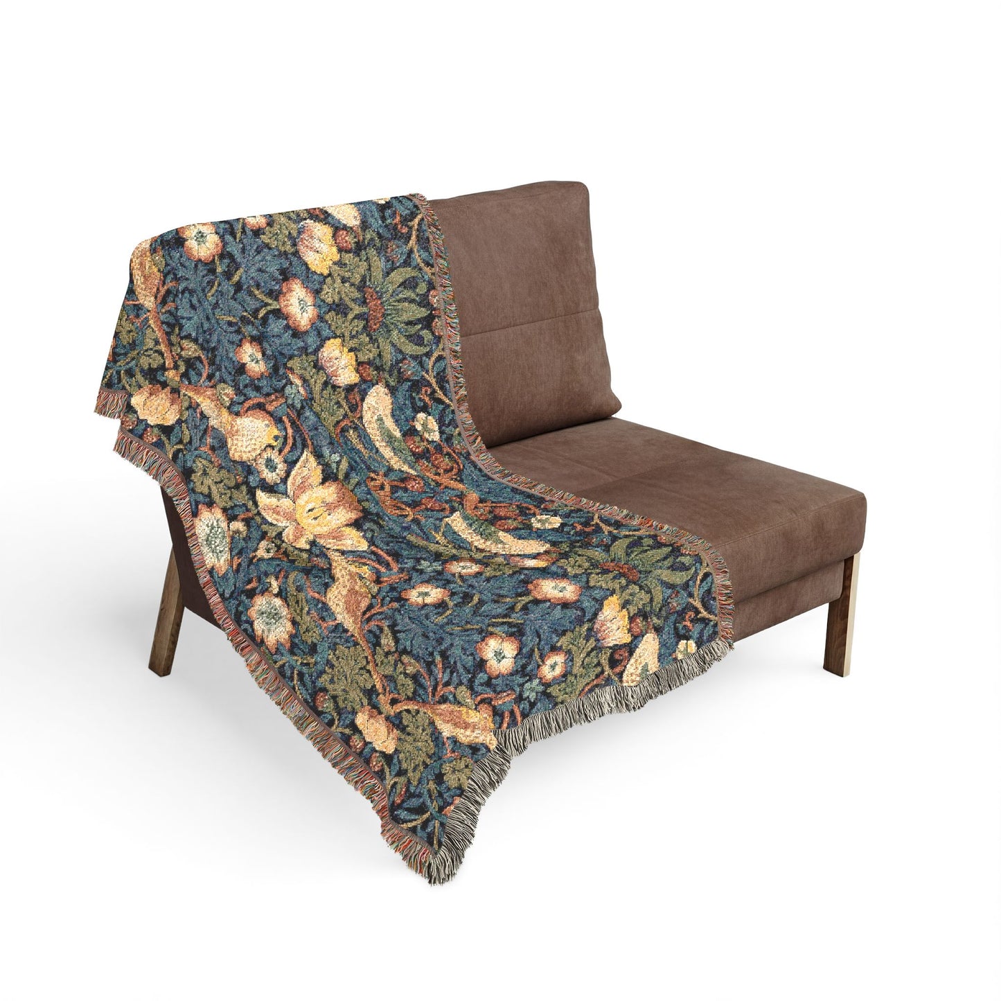 William Morris Style Bird and Floral Woven Blanket | Tapestry Throw