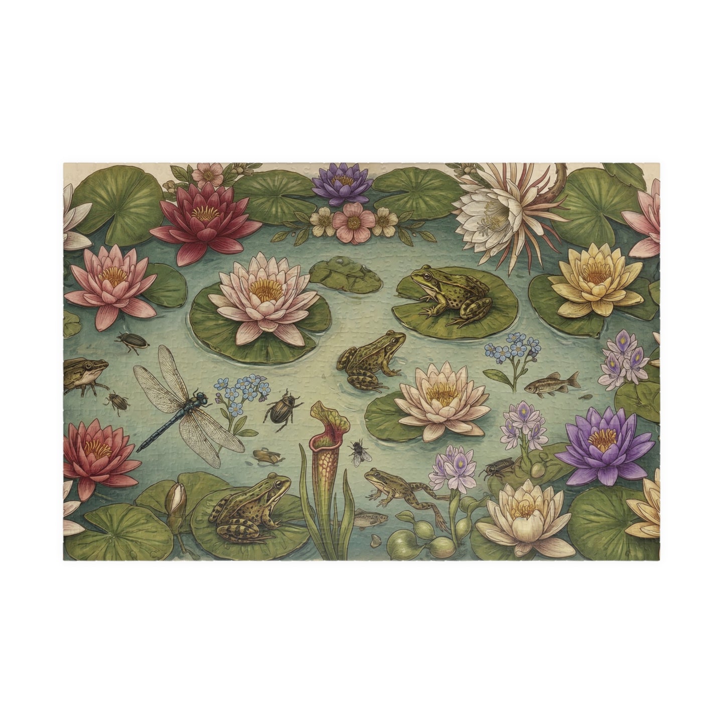 Frogs and Waterlilies Puzzle 110, 252, 520, 1014-piece | Botanical Pond Jigsaw