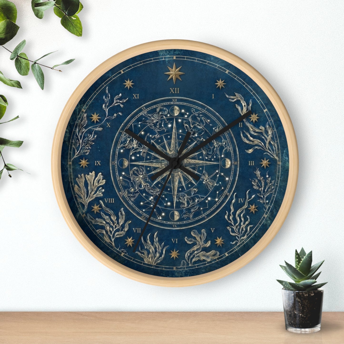 Celestial Star Map Wall Clock | Nautical Seaweed Art, Dark Academia Decor