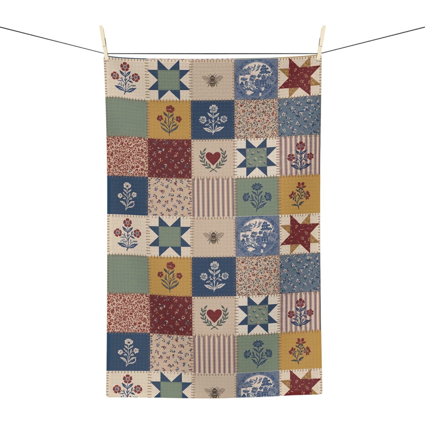 Country Quilt Patchwork Microfiber Tea Towel | Folk Floral Stars Patch Design