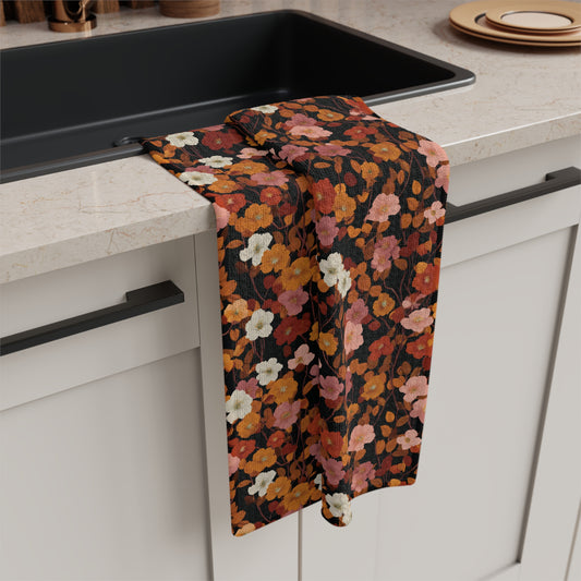 Autumn Floral Pattern Microfiber Tea Towel | Rust Orange Brown Floral Print