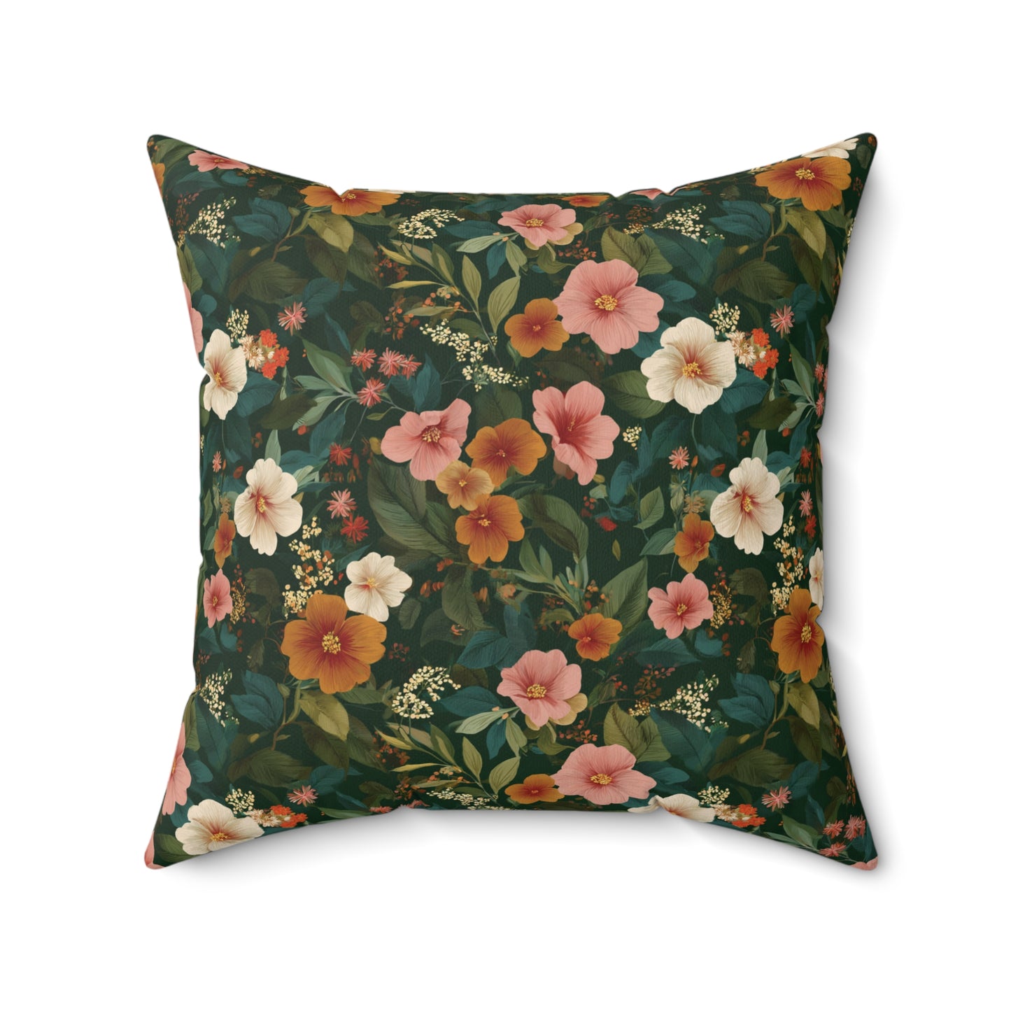 Vintage Floral Pattern Square Pillow | Dark Green Pink Orange Blossoms