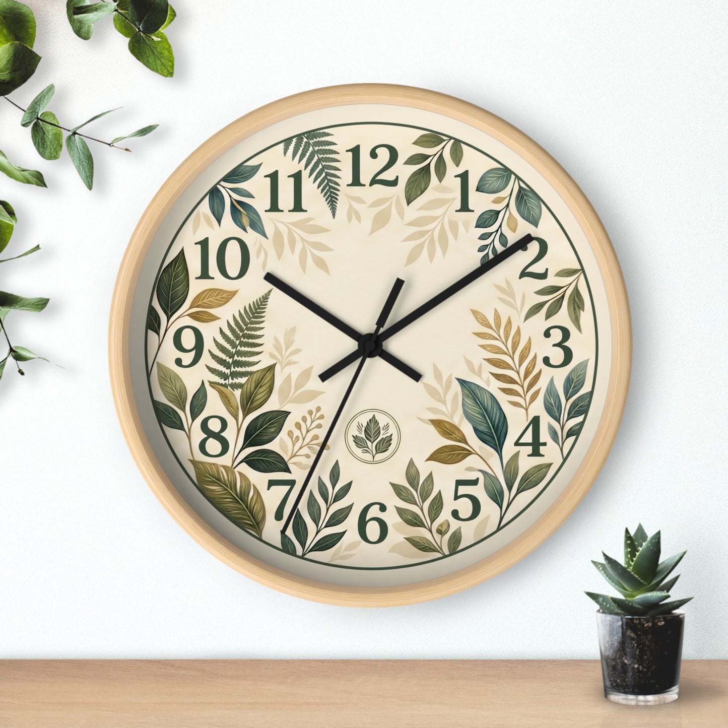 Botanical Leaves Wall Clock | Green Foliage Numbers, Neutral Rustic Decor