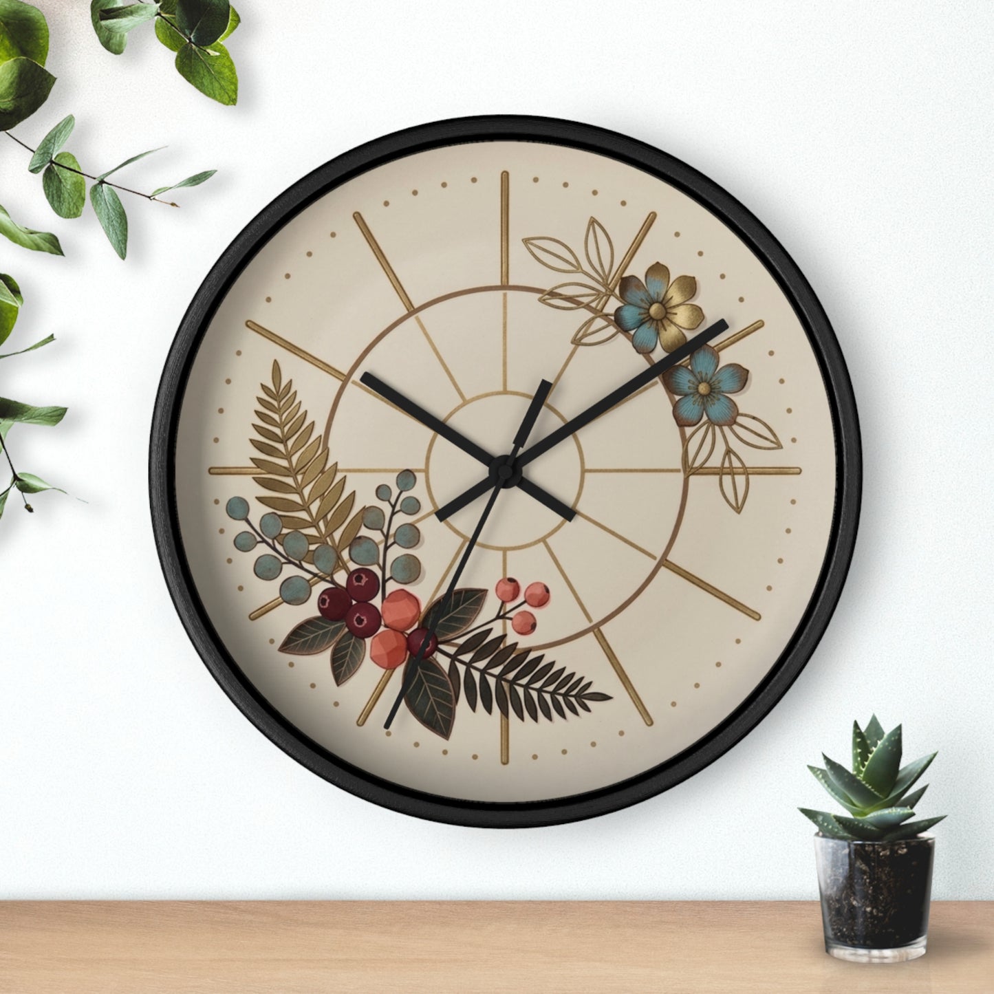 Botanical Floral Clock Wall Clock | Neutral Beige Flower Fern Design