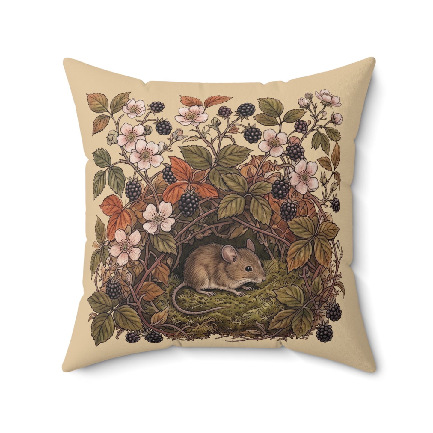 Woodland Mouse Nest Pillow | Vintage Botanical Brambles Illustration
